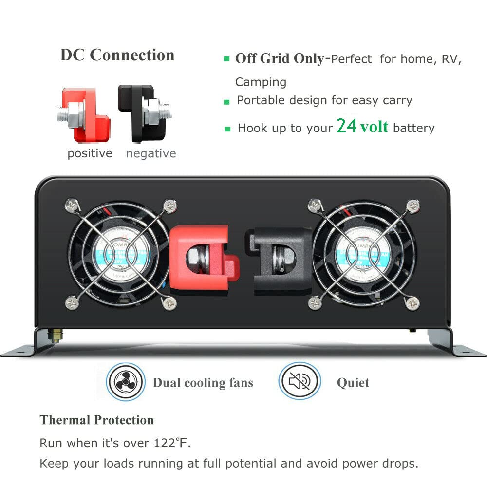 WZRELB Inversor de Corriente de Onda sinusoidal Pura de 5000 W, 24 V CC a 120 V CA, 10 kW, Pico de Salida de CA Dual, 2 Puertos USB de 2.4 A y Terminal de Cable Duro, convertidor Solar Fuera de la