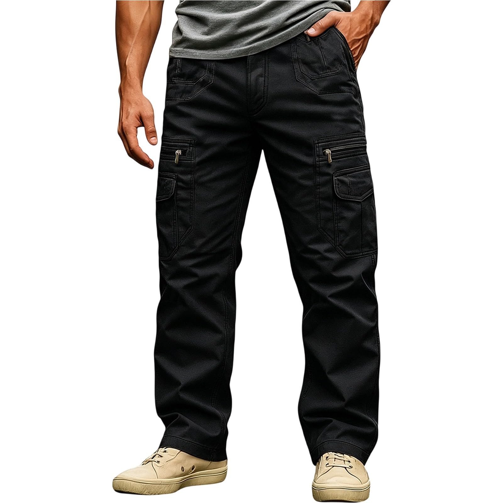 Pantalones tácticos de trabajo para hombre con bolsillo con cremallera