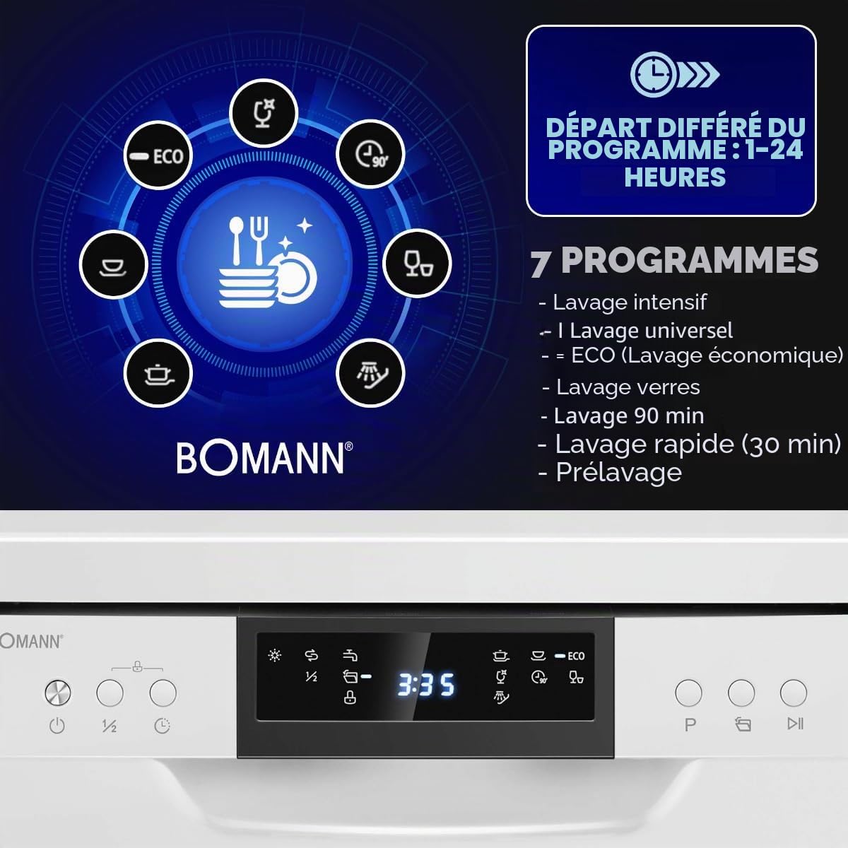 Bomann Lave-Vaisselle Encastrable 45 cm GSP7418-10 10 Couverts Blanc Acier Inoxydable 7 Programmes Affichage LED Sécurité Enfant 47 dB