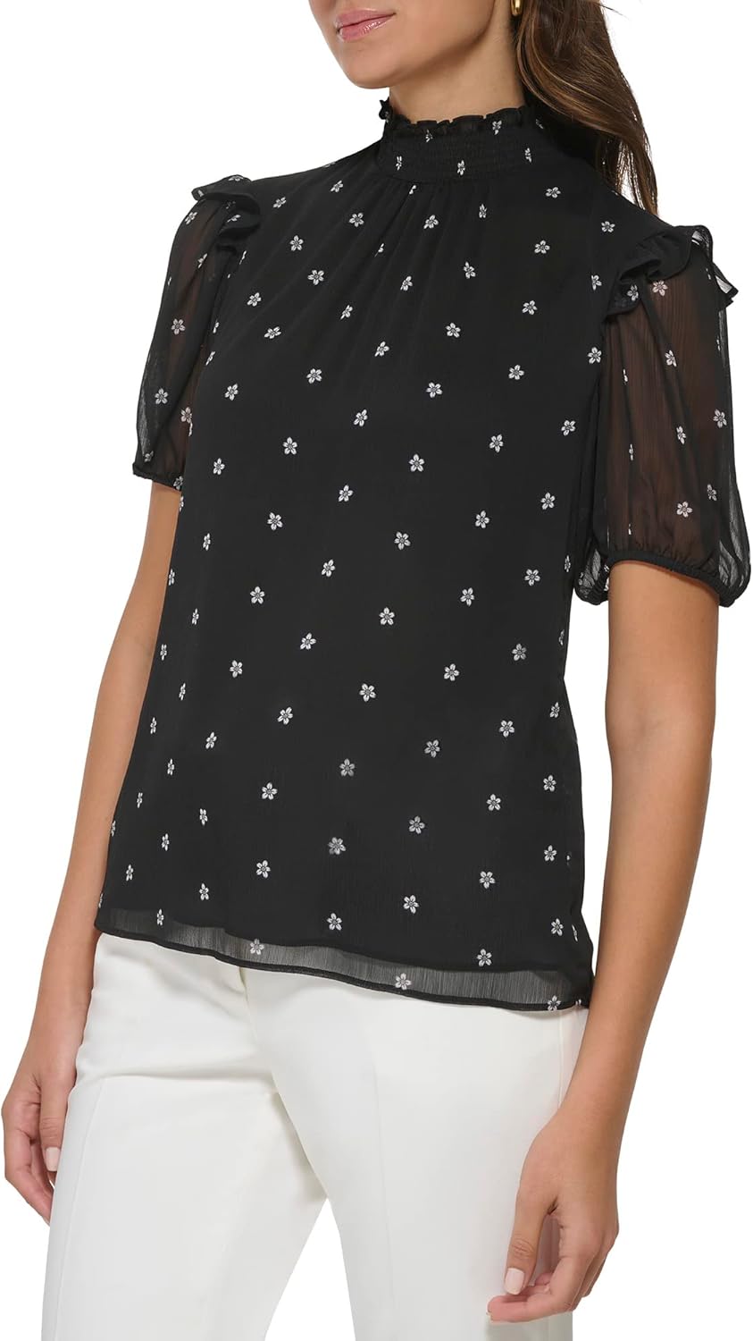 Tommy Hilfiger Women's Mock Neck Floral Blouse Short Sleeve Sportswear Shirts - Image 3