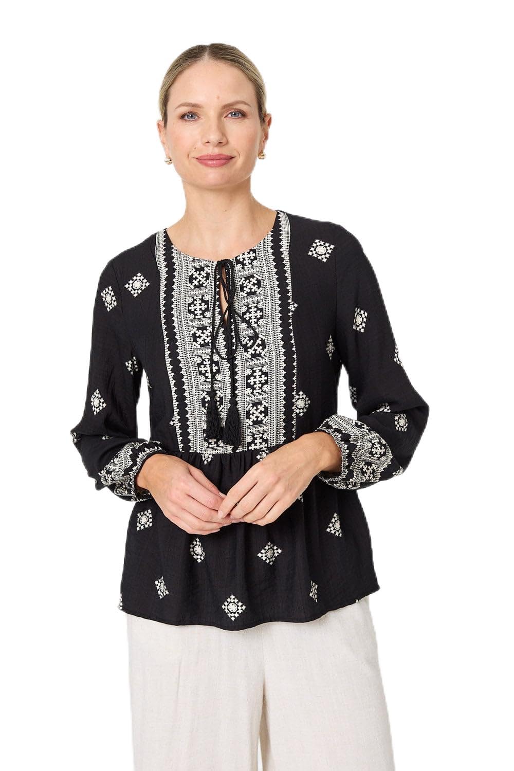 Izabel London Women's Black Border Print Long Sleeve Tassel Blouse In Size 12