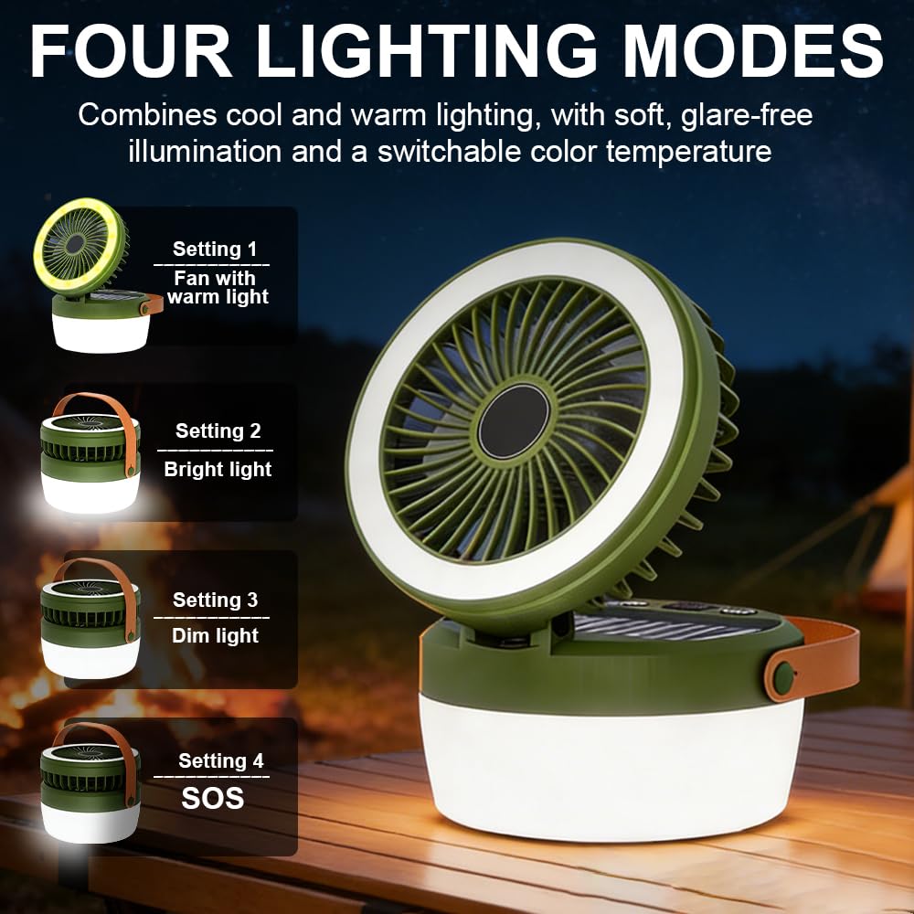 LED Campinglampe Solar, Tragbarer Camping Ventilator mit 4 Leuchtmodi | 3 Windgeschwindigkeiten, Campinglampe Akku Aufladbar für Außenaktivität, Wandern, Zeltlampe, Umgebungslicht, Notfall