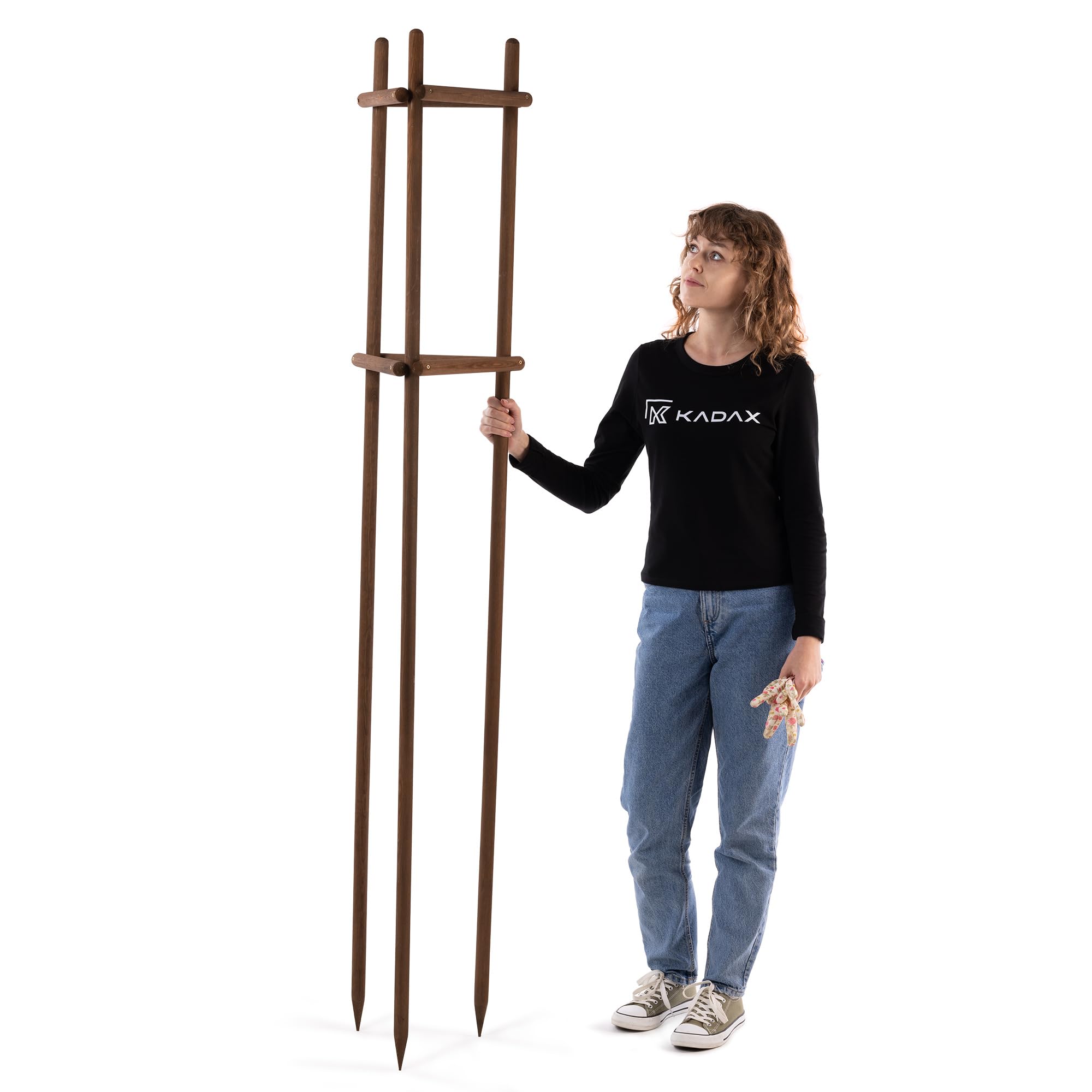 KADAX Podpórka pod drzewko 195 cm z wytrzymałego drewna, słupek do bezpiecznego mocowania młodych drzew i krzewów, trójnożna podpórka do roślin z drewna bukowego do ogrodu