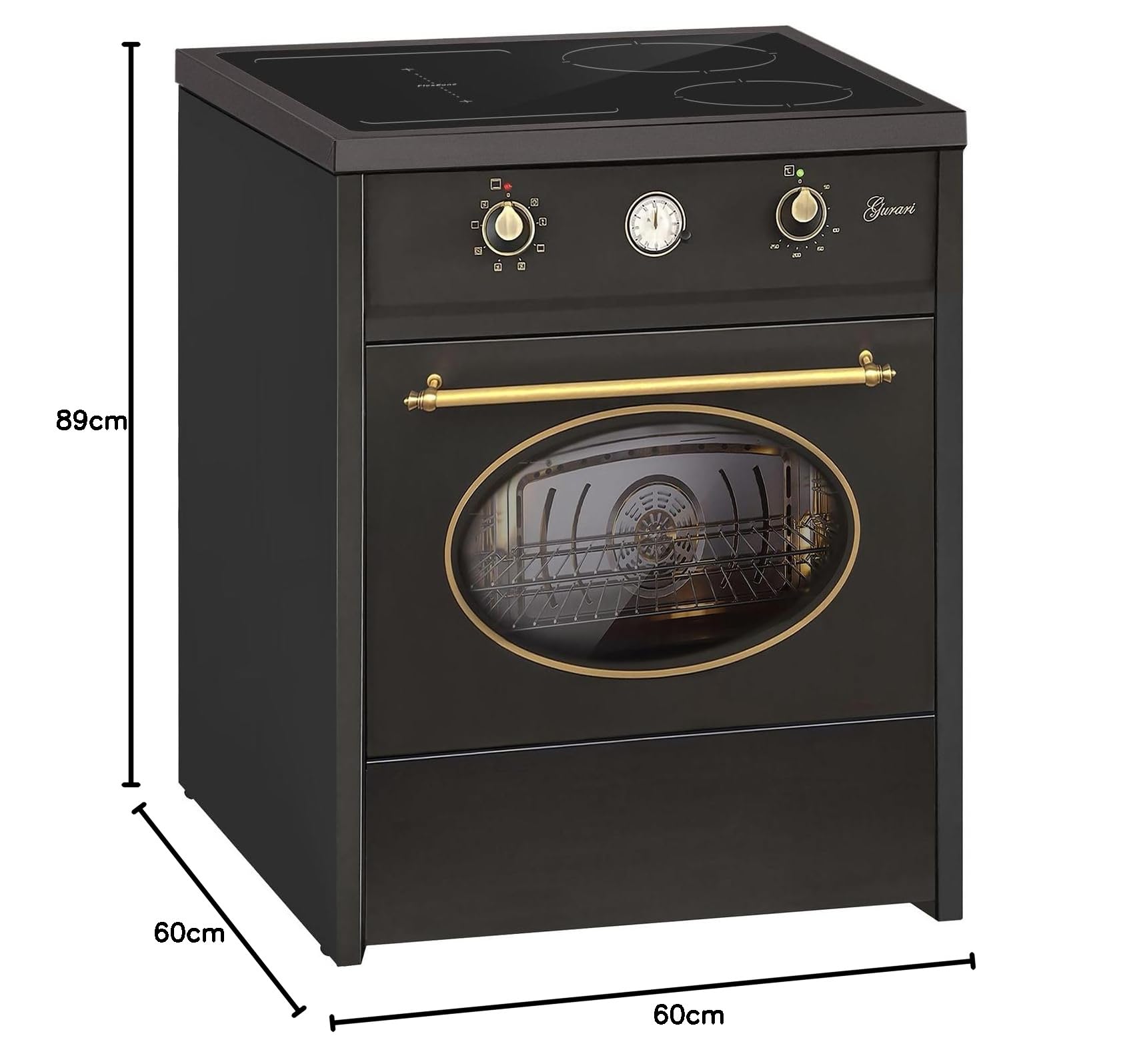 GURARI Induktionsherd mit Backofen 60 cm GCH E 612 BL r Retro Range Coocker 4 Kochzonen Booster Flex Zone Gusseisen Grillplatte Schwarz