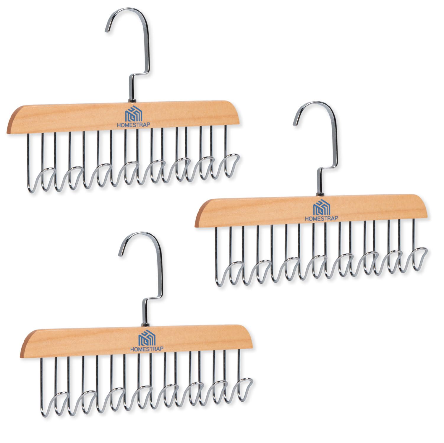 Homestrap Multi Hook Hanger (Pack of 3)| 8-in-1 Lotus Wood Tie and Belt Hanger| Space-Saving, Lightweight and Sturdy Hangers