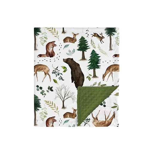 HawSkgFub Woodland Animal Minky Baby Blanket with Dotted Backing Boy Girl Gift, Green Forest Bear Fox Deer Double Layer Nursery Bed Blankets, Soft Plush Newborn Infant Toddler Kid Crib Bedding 30 x 40