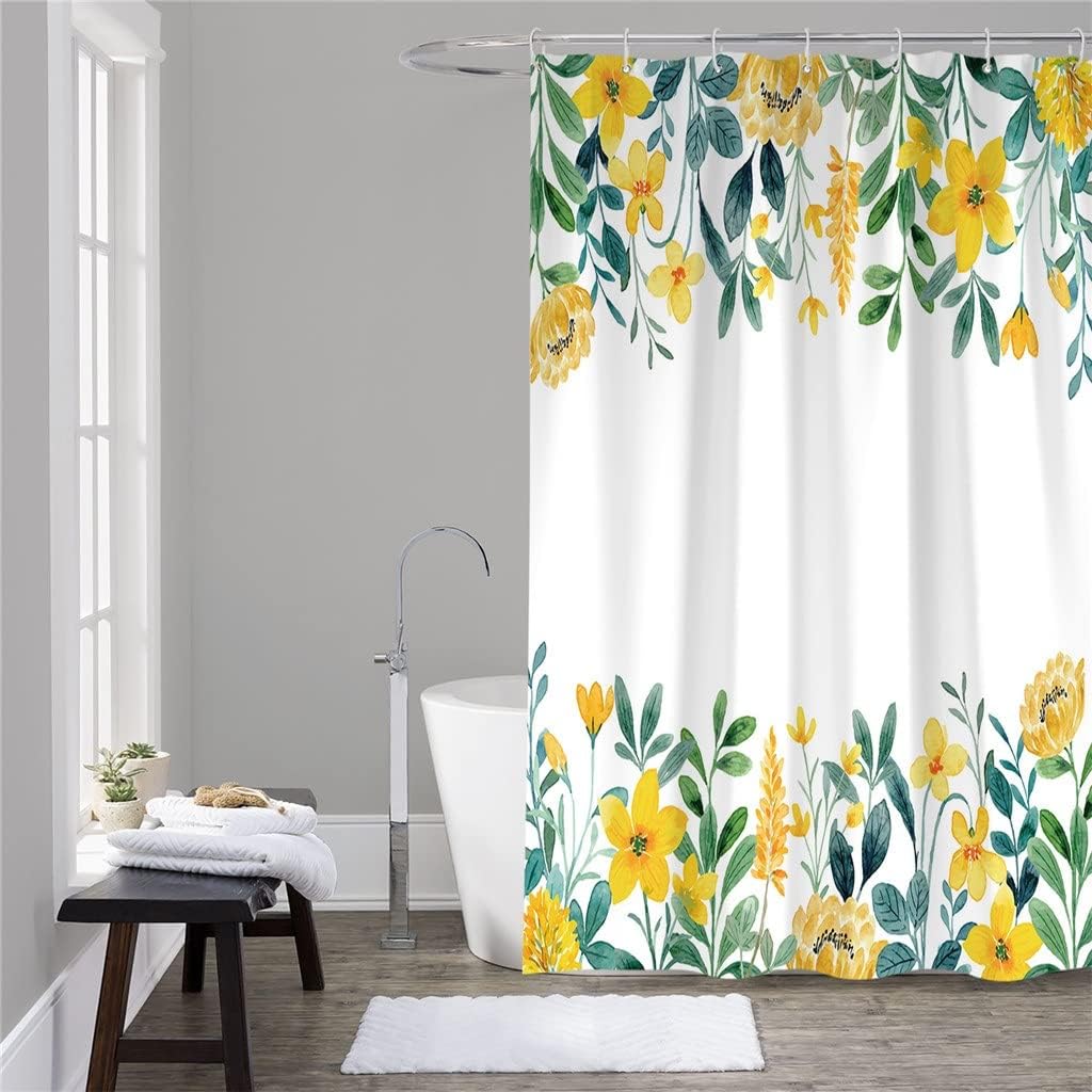 Spring Yellow Flower Watercolor Shower Curtains Waterproof Polyester Bath Curtain Bathroom Decor