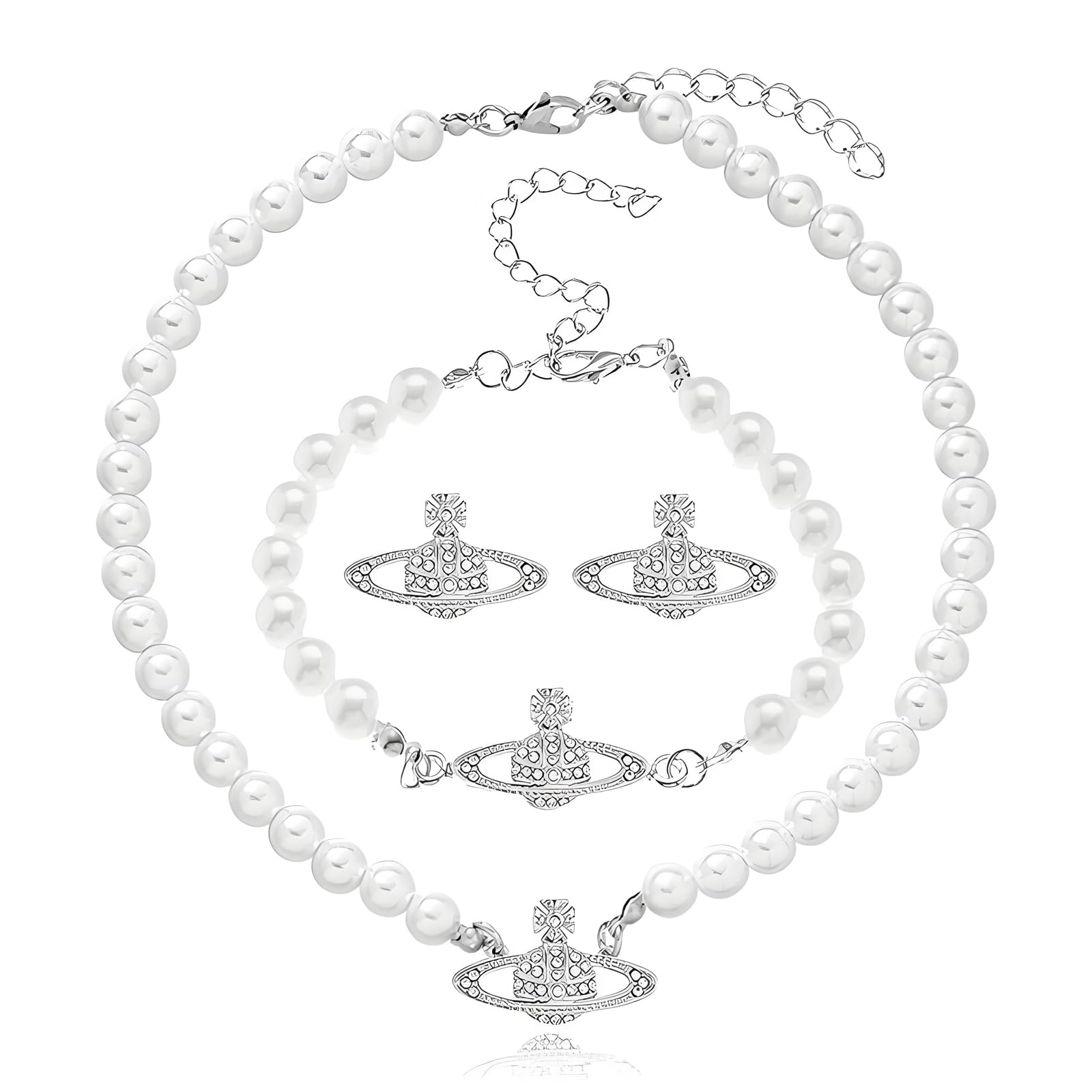 Dreuyet Saturn Pearl Necklace and Earrings Set Crystal Planet Earrings Dainty Artificial Pearl Choker Necklace Charm Gifts for Mum Wife Wedding Birthday Anniversary