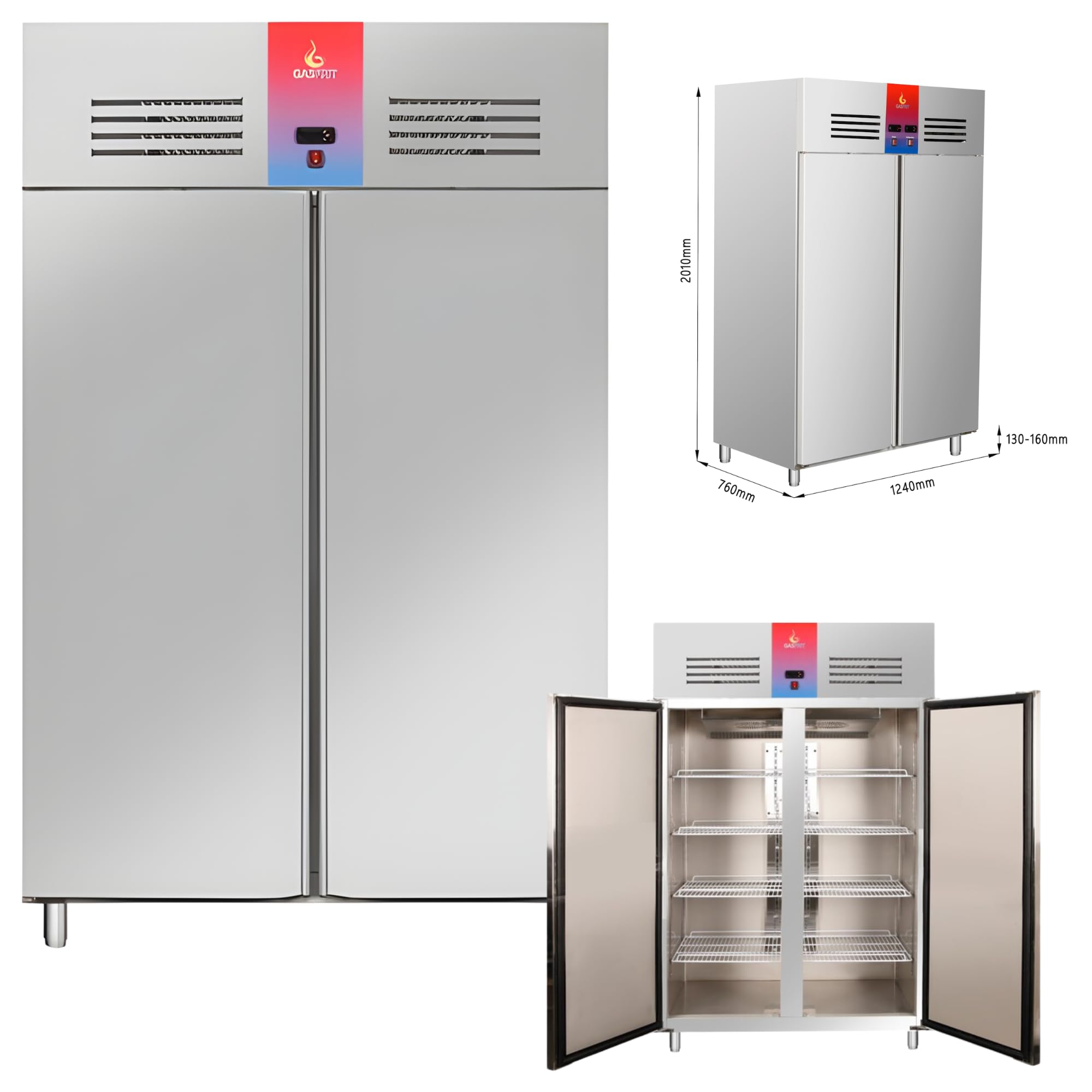 Armario Frigorífico Industrial 2 Puertas y 4 Puertas Acero Inoxidable, 1300L, Refrigeración Ventilada No Frost, +2/+8°C, Tropicalizado Clase C, Frigorífico Profesional Hostelería