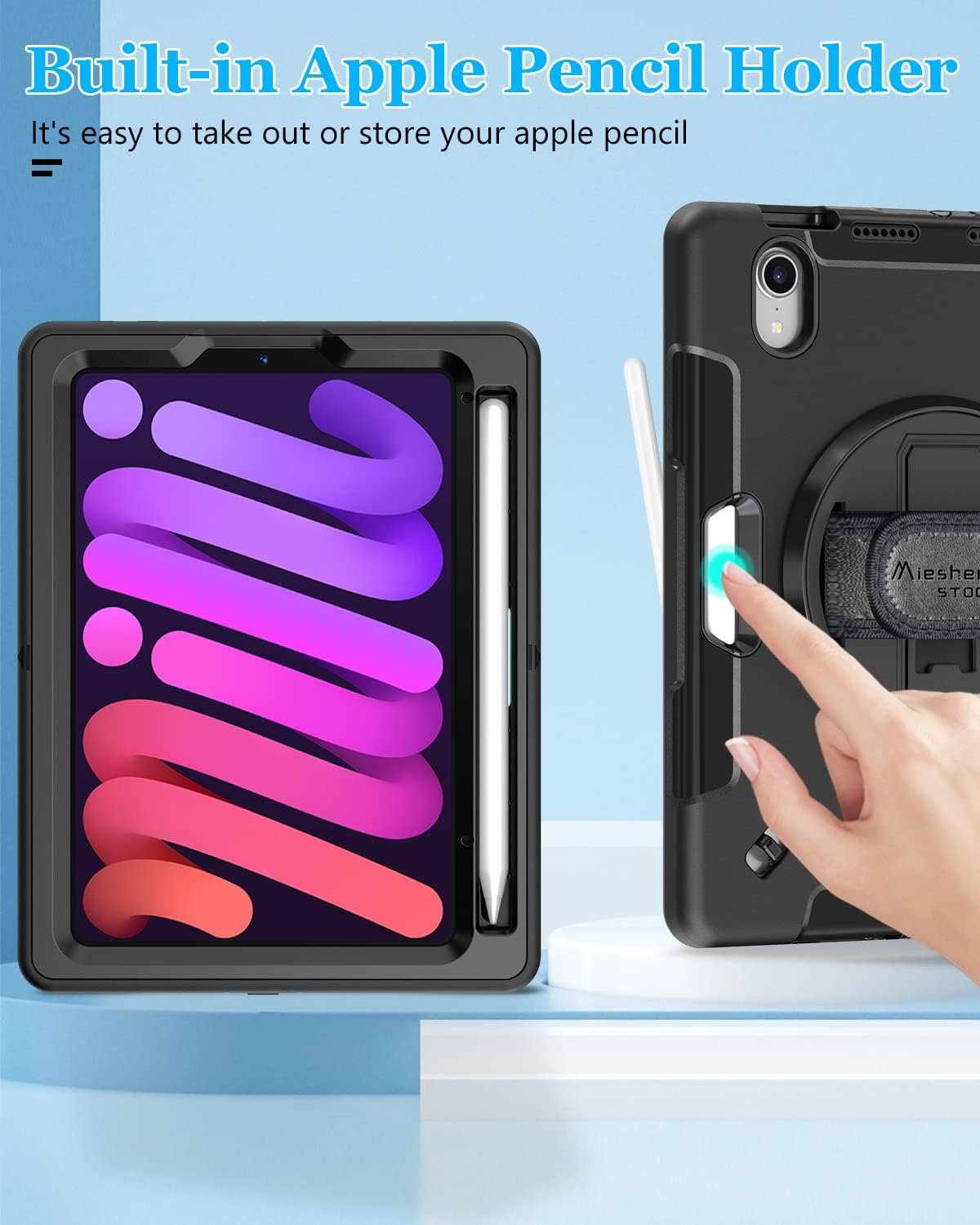 Case for iPad mini 7 (A17 Pro)/ Mini 6 8.3 INCH: TPU Cover for iPad mini 7th/6th Generation 8.3 Inch with Screen Protector- Stand + Handle + Shoulder Strap + Pencil Holder- Black
