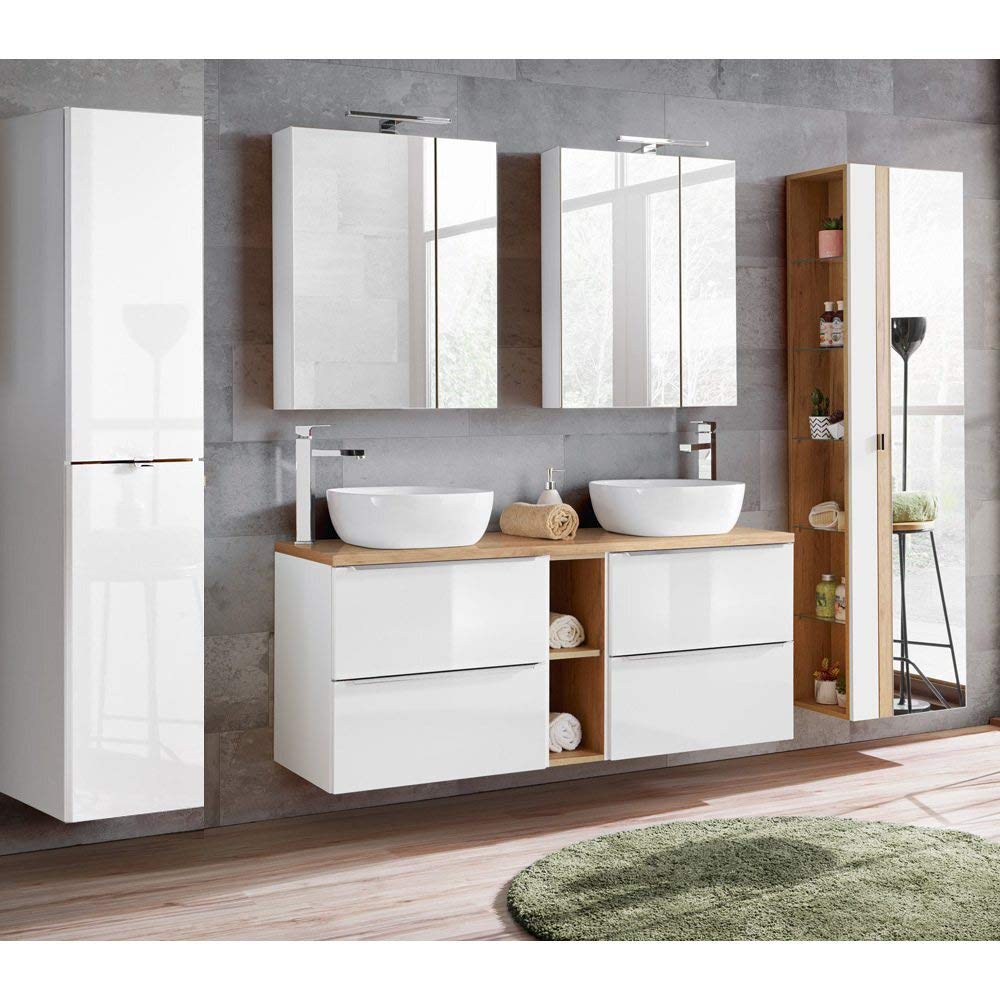 Lomadox Badmöbel Waschtisch-Unterschrank Set, Hochglanz weiß, Wotaneiche, 4 Softclose-Auszüge, 1 Regal, B/H/T ca. 141/59,5/46 cm