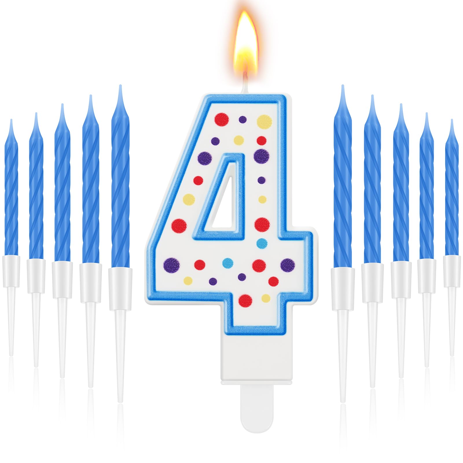 Photo 1 of ** MINOR CRACK** MTLEE Blue Number 4 Birthday Candle with 10 Long Thin Cupcake Candle Happy Birthday Cake Topper Boy Girl for Cakes Sweet Dots Party