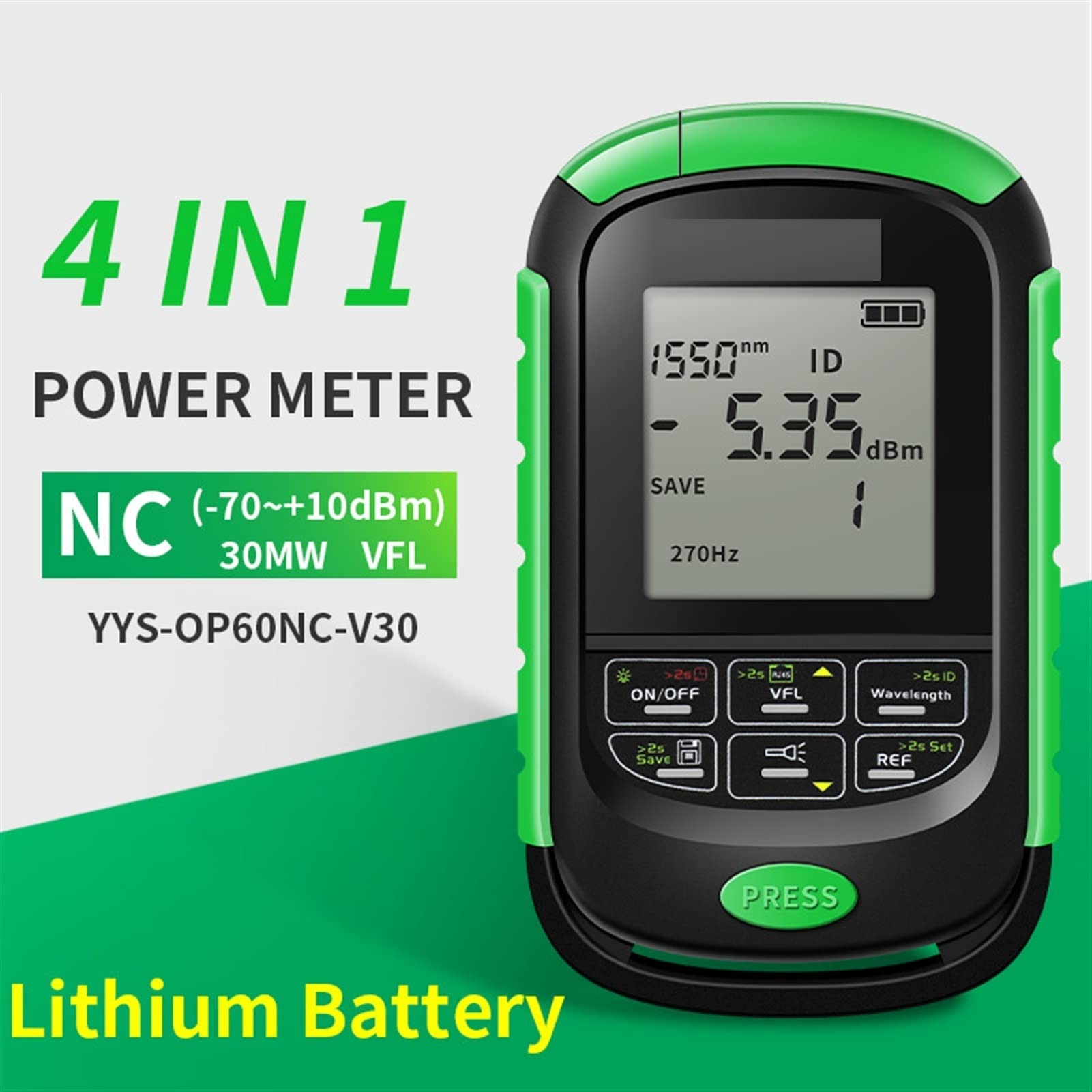 Localizador Visual de Fallas, Medidor de potencia óptico de batería 4IN1 LI 5km 15km 30km Vfl Localizador de fallas visuales Prueba de cable de red Tester de fibra óptica Luz LED | NC-30MW