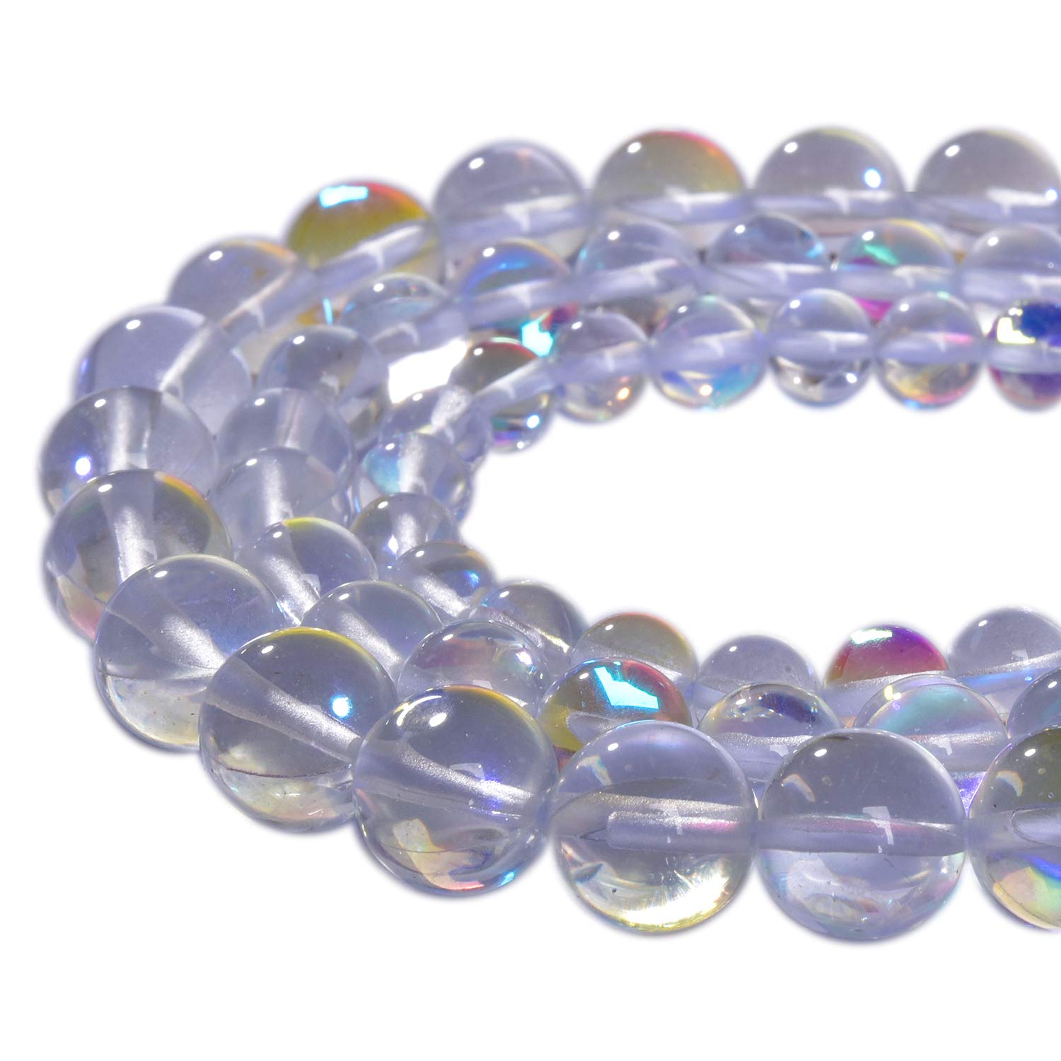 48PCS 8mm White Angel Aura Round Gemstone Beads Polished Mermaid Aura Moonstone Smooth Stone Loose Beads Crystal Quartz for DIY Jewelry Making 1 Strand 15'