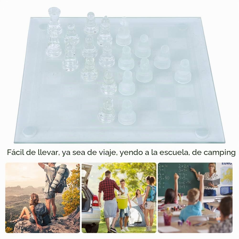 Ajedrez Internacional en Cristal de Vidrio, Juego de Ajedrez Helado Exquisito, 25x25 Cm para Viajes, Escuela, Camping, Adecuado para Todas las Edades