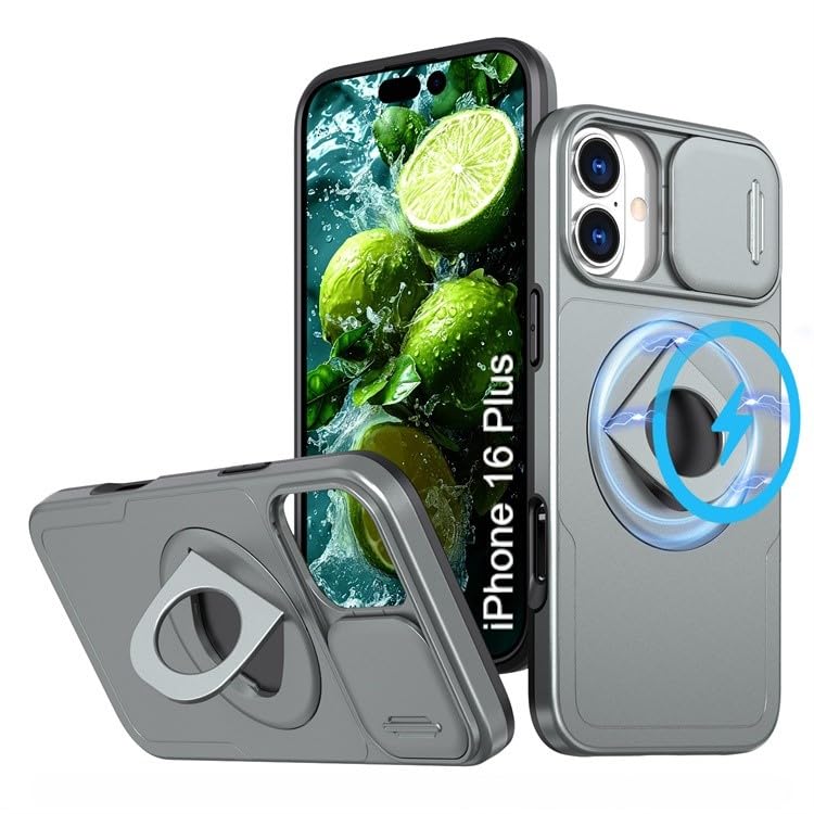 Image of LuxuryKase MagSafe Shockproof Rugged Back Case for iPhone 16 Plus | Finger Ring Kickstand & Sliding Camera Cover | Military Drop Protection | Wireless Charging Support - Grey