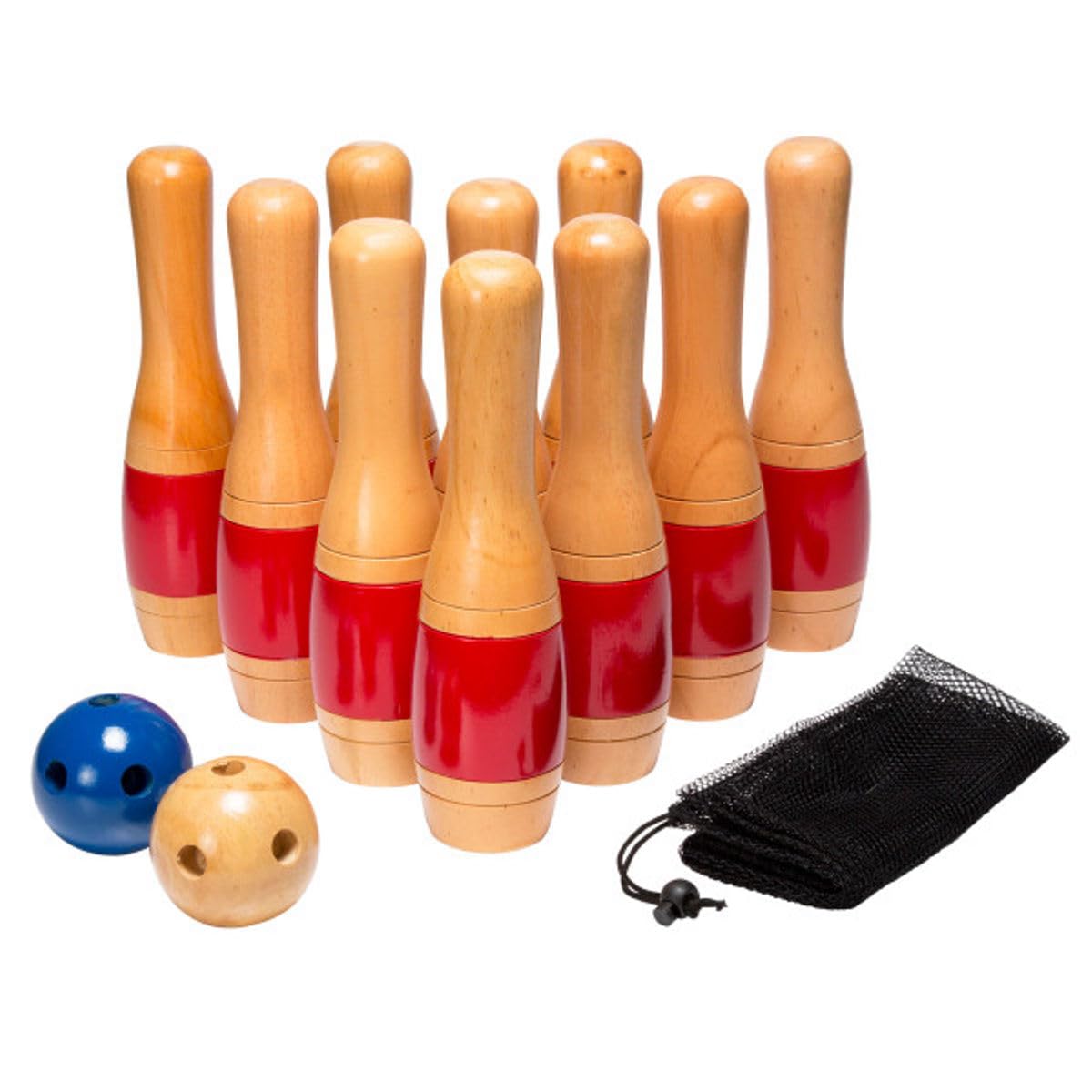 HEY! PLAY! Lawn Bowling Game/Skittle Ball- Indoor and Outdoor Fun for Toddlers, Kids, Adults –10 Wooden Pins, 2 Balls, and Mesh Bag Set (11 Inch), (80-LB11)