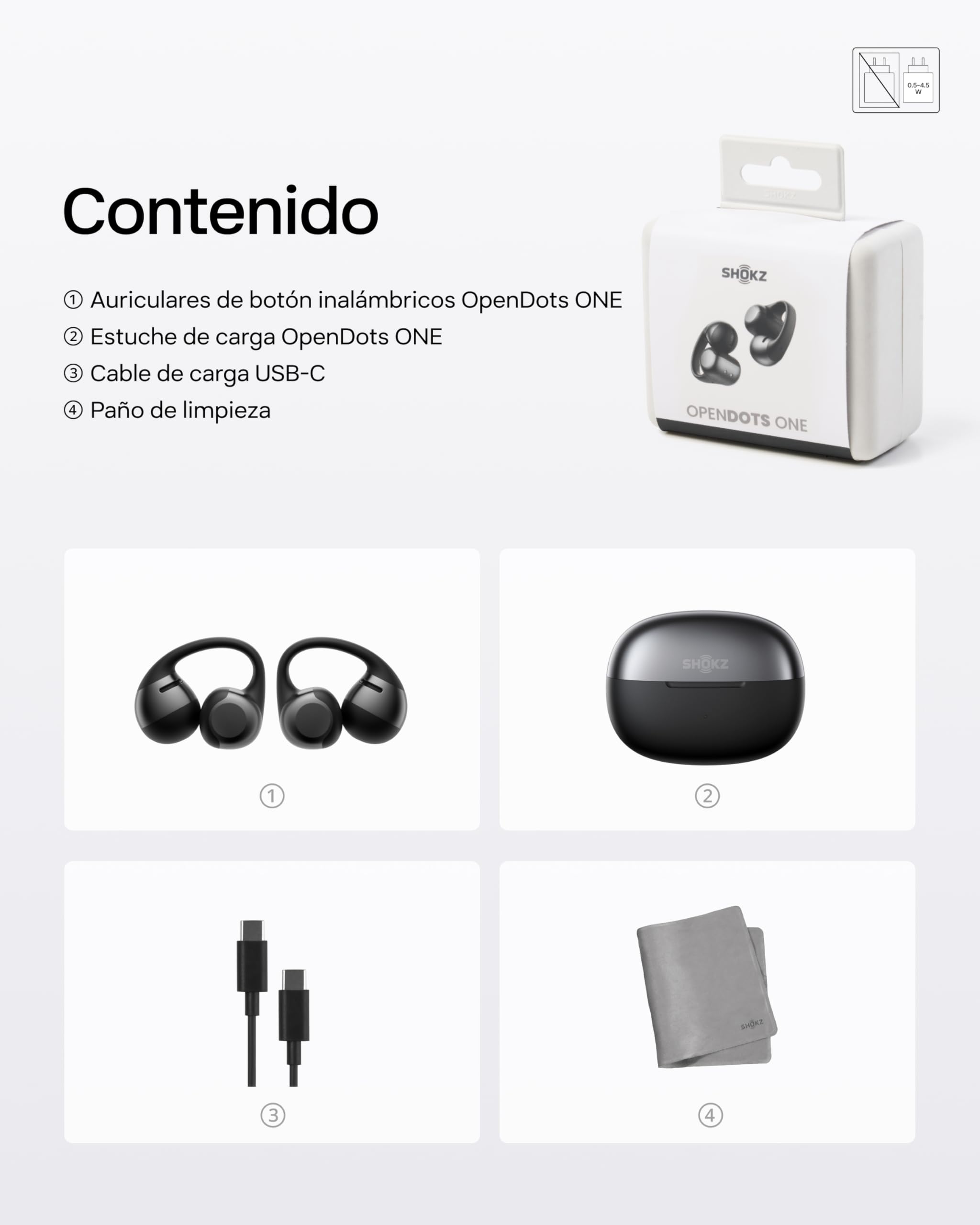 SHOKZ OpenDots One Auriculares Open-Ear Clip-on, Bluetooth 5.4, 6,5g, Negro | Dolby Audio Premium|4 Mics. con Cancelación Ruido|Ligeros 6,5g|40H de Batería|con Paño de Limpieza|Deportivos|Oído Abierto