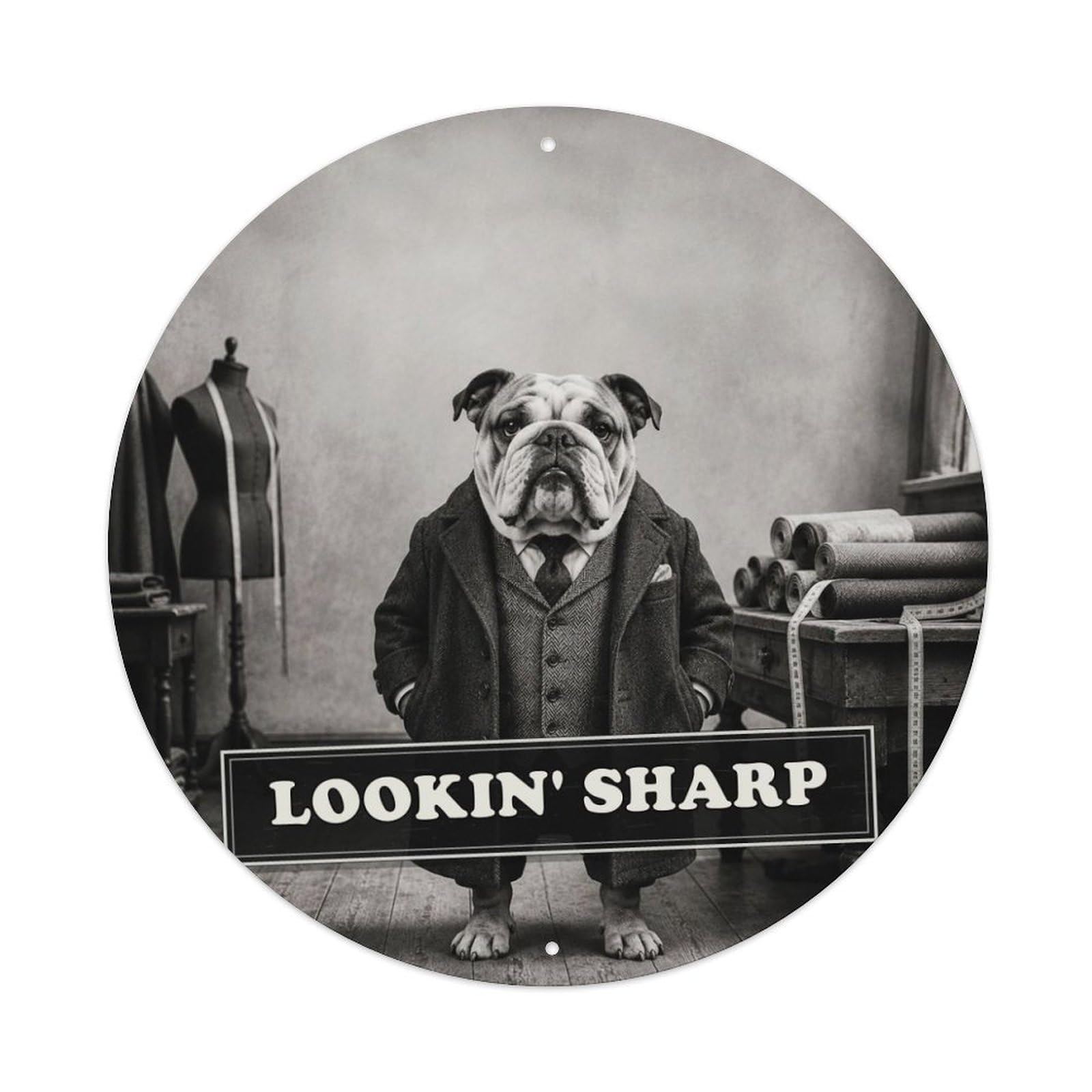 Animal Bulldog Tailor Satirical Anthropomorphic British Humor Metal Tin Sign Plaque Wall Decor for Cafe, Man Cave, Club Bar, Office, Home Garden Round Metal Poster 8x8Inch