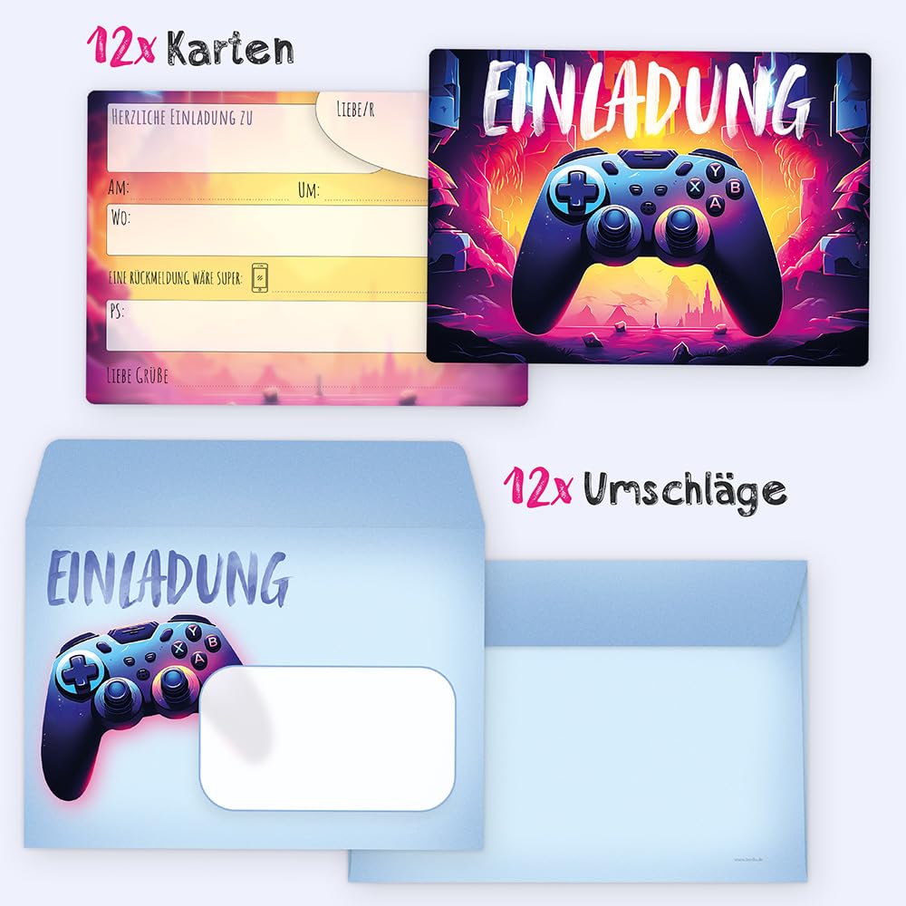 12 Biglietti D'Invito Per Compleanno Bambini Con Buste – Tema Videogiochi, Formato Cartolina A6, 300 G/m², Prodotto In Germania, BeriluDesign - 3