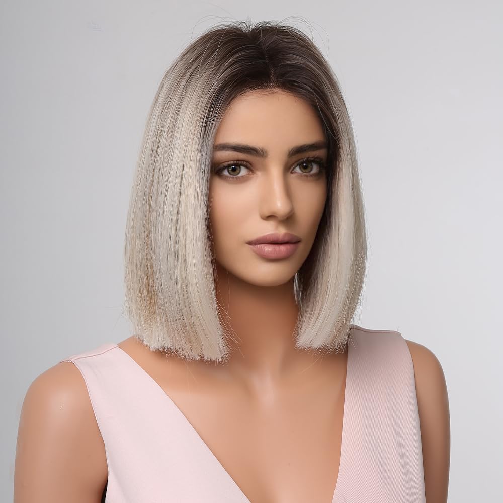 testar Perruque blonde courte pour femme courte et droite ombrée blonde cheveux naturels naturels perruques synthétiques sans colle pour usage quotidien fête 12 pouces