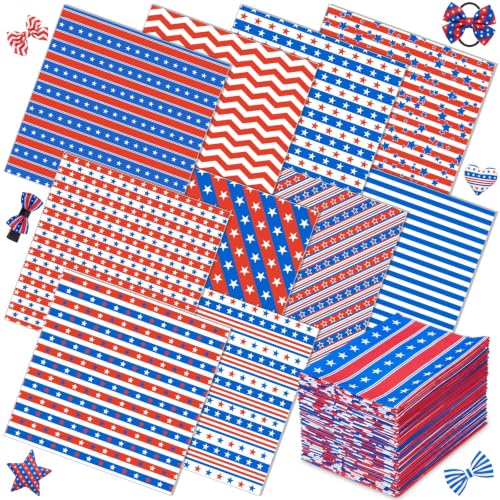 Frienda 10 Pcs 4th of July Fabric Bundles 20 x 20 Inch Patriotic Red White Blue Stripe Star Prints Pre-Cut Squares Sewing Quilting Fabric for DIY Handmade Craft 250th Anniversary Party Decoration