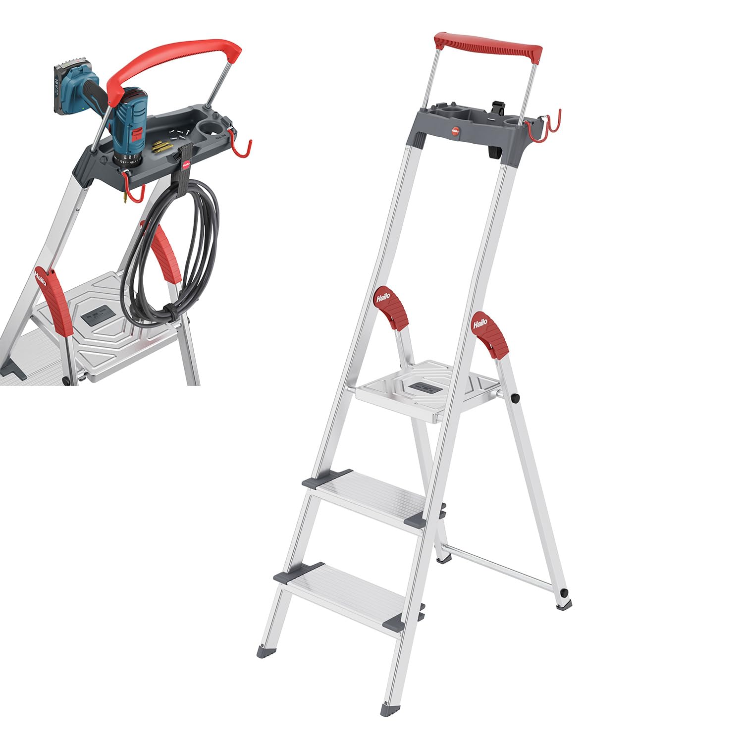 Hailo L84 ComfortLine Alu-Stehleiter mit 3 XXL-Stufen bis 150 kg, Silber | Sicherheits-Stehleiter, Made in Germany, rostfrei, tiefe Standfläche, Haltegriff und Ablage