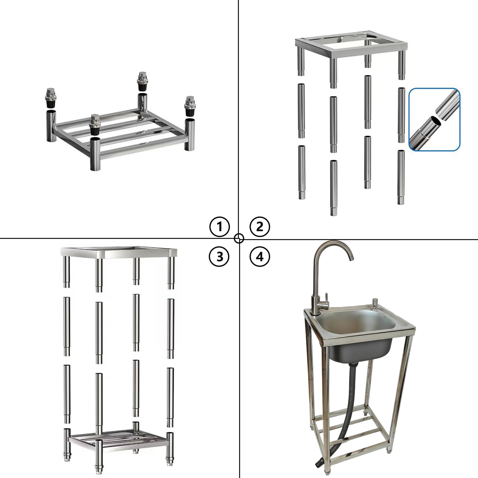 Lavello in Cucina Acciaio Inox Autoportante 42x37x82cm 1 Vasca Mobile Interno e Esterno Vasca singola Lavandino Commerciale per lavanderia, bar, garage o ristorante,Facile Da Pulir