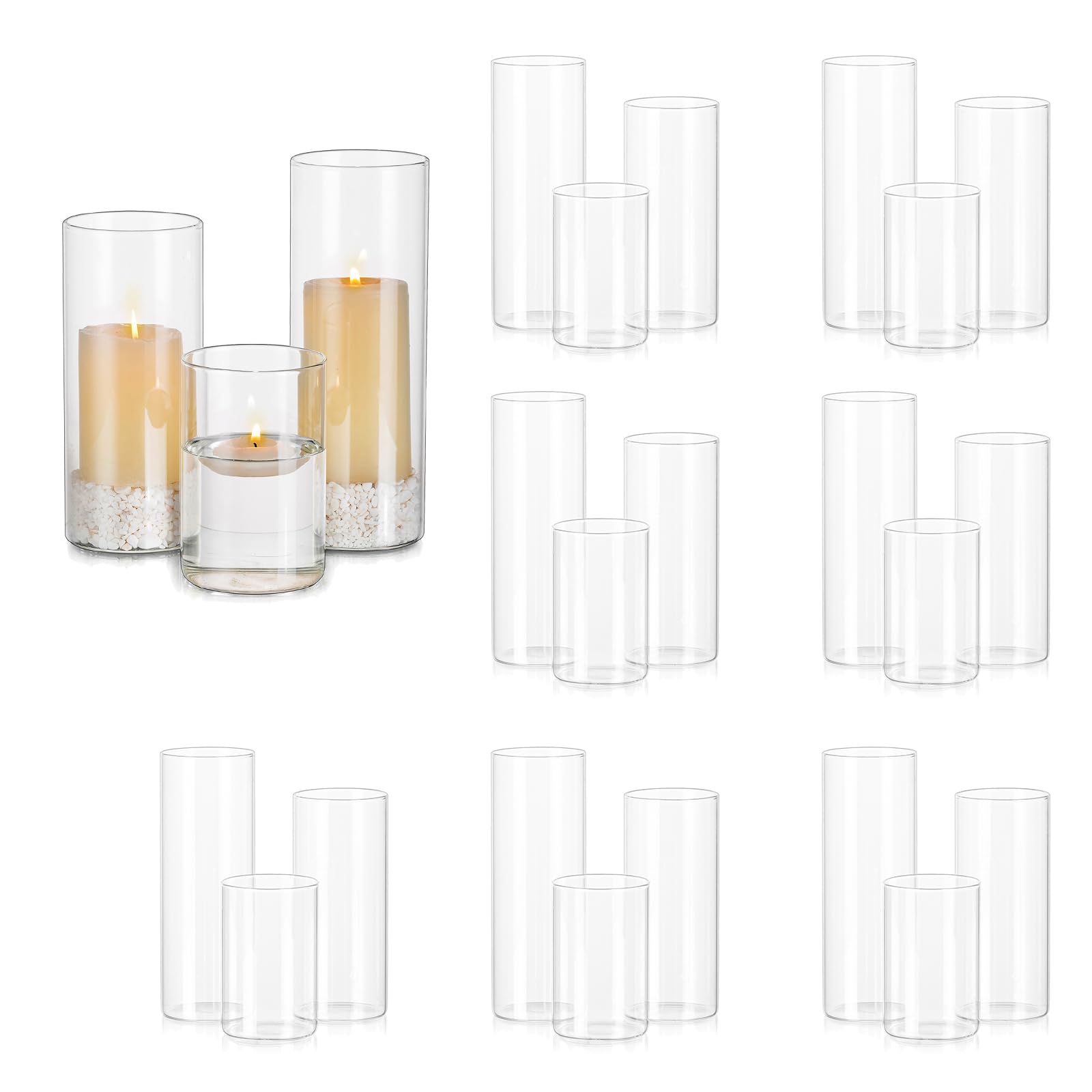 Hewory 24 Kerzengläser Windlicht Glasvase Zylinder für Tischdeko Ø 6,5cm | 10/15/20cm H, Hitzeglas, Klare Glaszylinder für Kerzen mit Boden, Kerzenglas Gross, Glas Vasen Set für Hochzeit Weihnachten