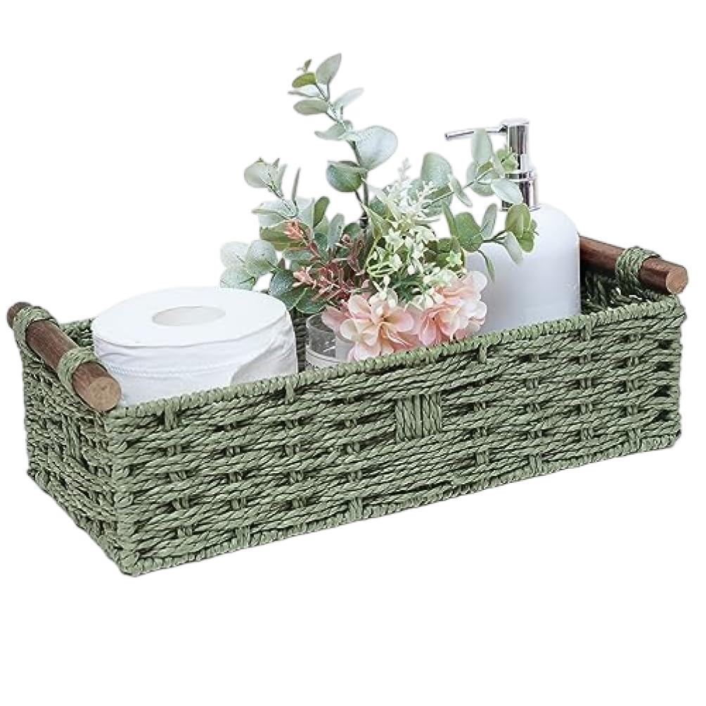 Striegro Handwoven Paper Rope Storage Basket, Multipurpose Organizer Basket for Bathroom Countertop, Kitchen, Living Room, Desk - Natural Decor (Green, Large 14.5x6.6x3.7in).