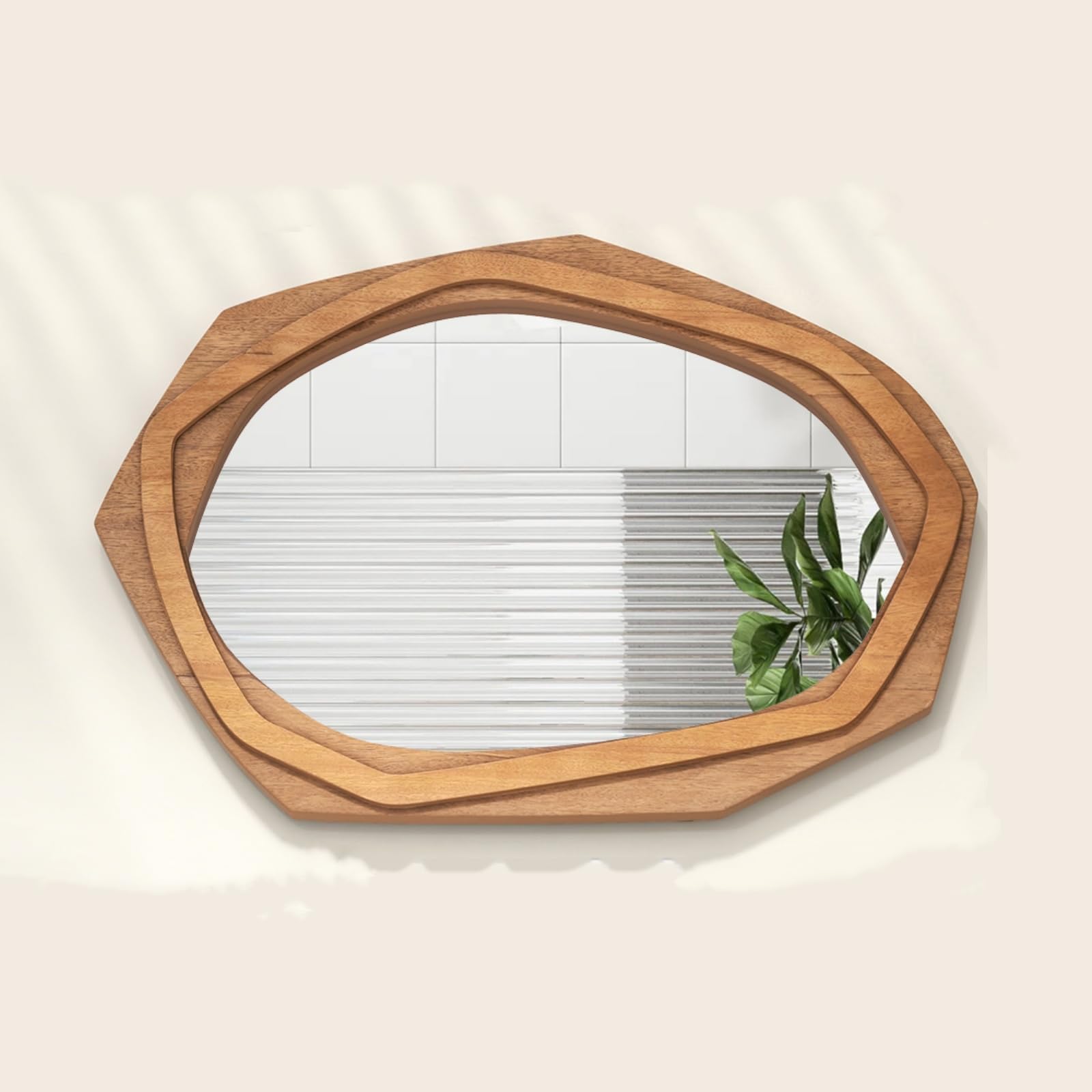 LIFEZEALSpecchio da parete irregolare, HD, cornice in legno, design astratto e rustico, specchio infrangibile per soggiorno e bagno (66 x 89,5 cm)