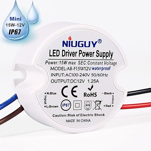 Fuente de alimentación LED DC12V impermeable, IP67, 120VCA a 12V CC 1.25A, NiuGuy 15W pequeño transformador - para tiras LED, G4 MR11 MR16, pantalla