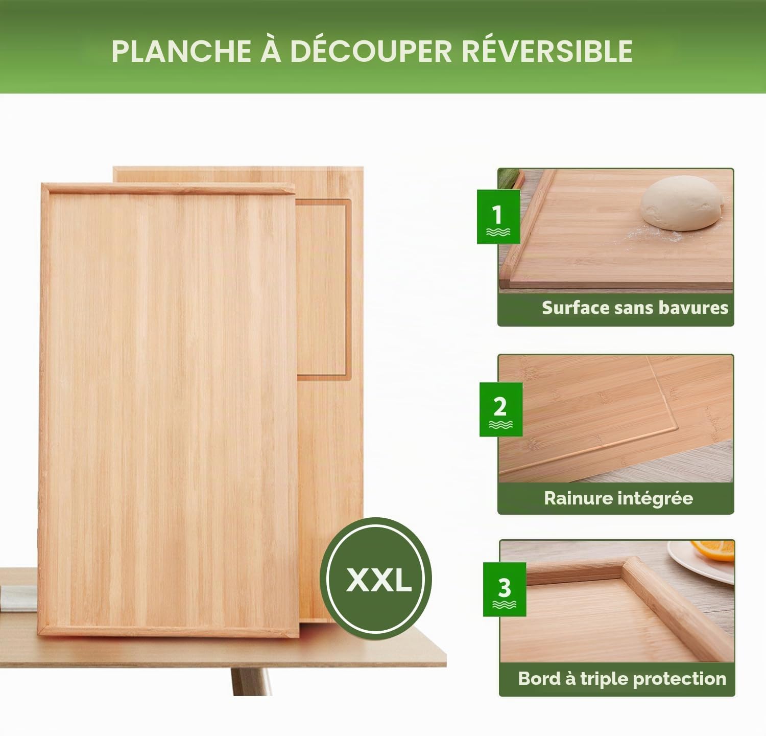 Planche à découper en bois extra large 70 x 45 x 2,5 cm - Planche à découper réversible pour cuisine - Grand plateau à découper avec rainure pour jus - Pour viande, légumes, fromages, pain