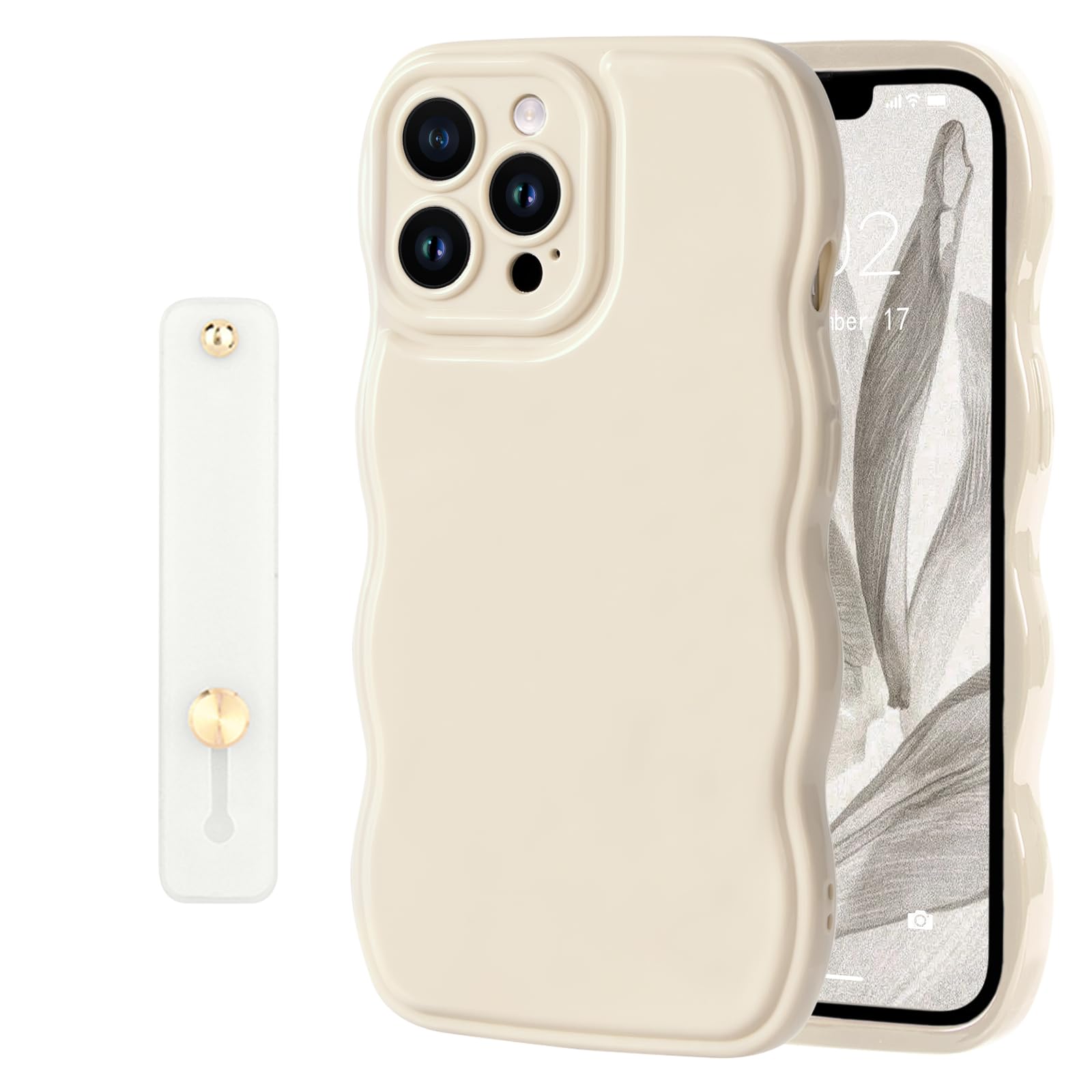 NITITOP Compatible with iPhone 13 Pro Max Case Cute Simple Wave Design Stylish Wavy Curly Frame with Wrist Adjustable Hand Strap Kickstand Grip Holder