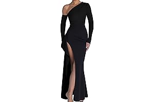 Women's One Shoulder Long Sleeve Sexy High Slit Wedding Guest Party Maxi Dress