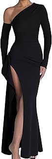 Memoriesea Women's One Shoulder Long Sleeve Sexy High Slit Wedding Guest Party Maxi Dress