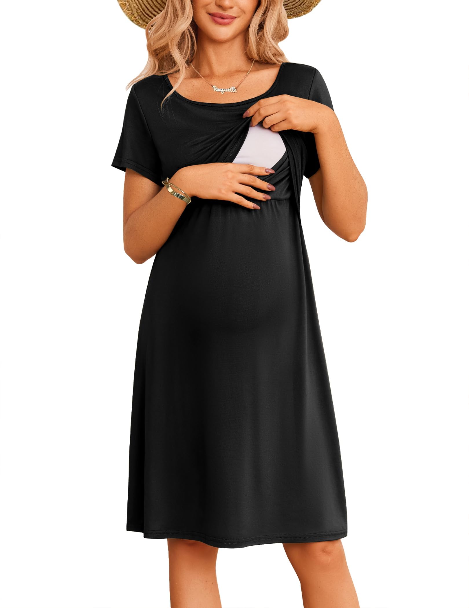 Nursing Dress for Lactating Mothers Maternity Nightdress with Open Chest Piece for Easy Breastfeeding, Comfort Breathable Maternity Loungewear, Summer Pajamas, Black-S-image-23