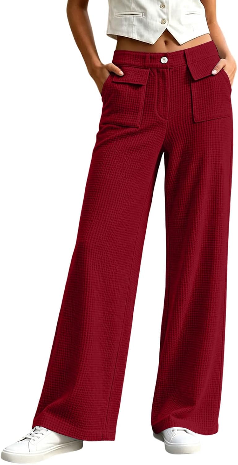 Women Waffle Knit Straight Leg Pants High Waist Casual Work Outfits