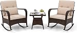 ORALNER 3 Pieces Patio Furniture Set, Outdoor Wicker Rocking Chairs with Cushions, Pillows, Glass Coffee Table, Rattan Bistro Rocker Set for Balcony Front Porch Poolside Garden Deck Yard (Blue)