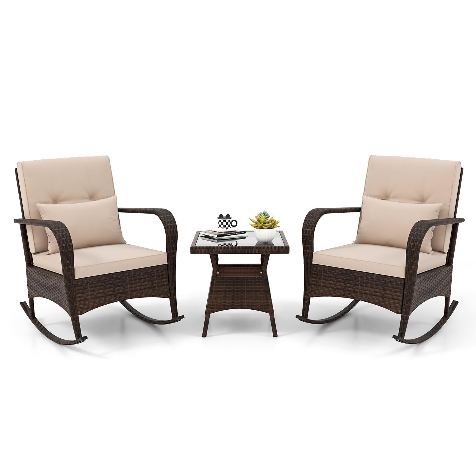 GIANTEX Juego de Mecedoras de Jardín de 3 Piezas, Conjunto de Muebles de Ratán PE con Mesa de Vidrio Templado, 2 Sillas Mecedroras y Cojines, Juego de Conversación Exterior para Terraza Patio Piscina