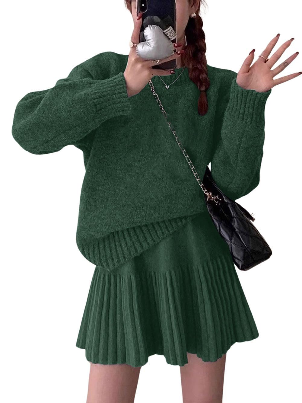 CHARTOU Women Sweater Skirt 2 Pieces Outfits Oversized Pullover Sweater and Pleated Mini Skirt