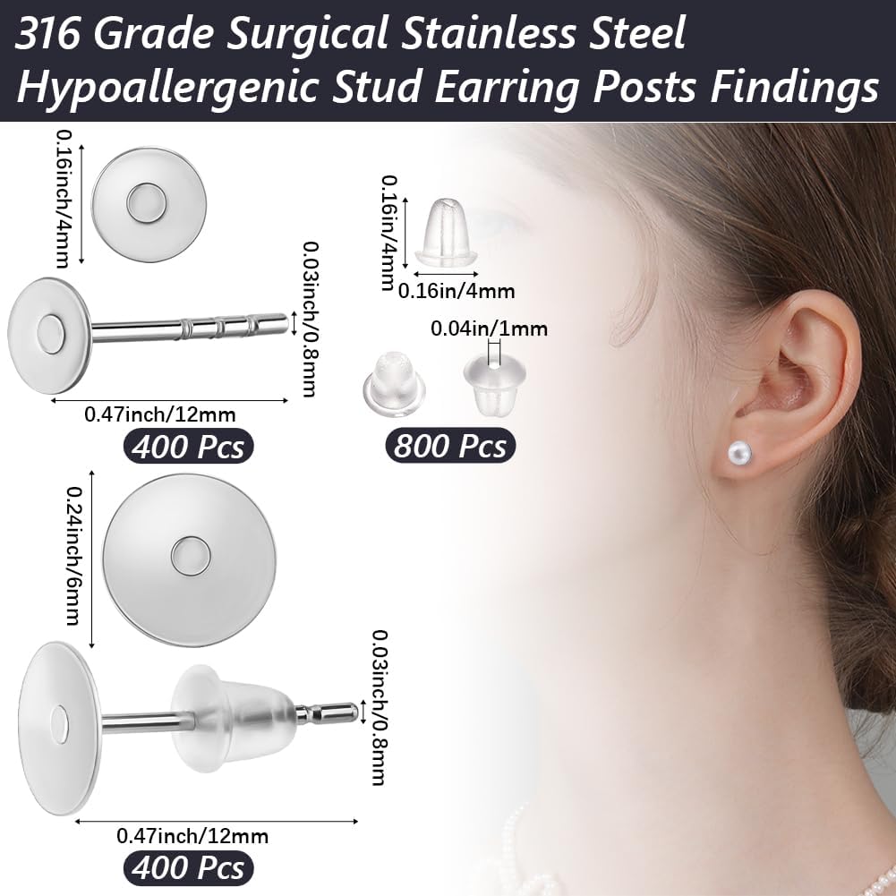 Beebeecraft 1 Box 800Pcs 316 Grade Surgical Stainless Steel Earrings Posts Flat Pad with Butterfly Earring Backs for Earring Making Findings (Tray: 4/6mm)
