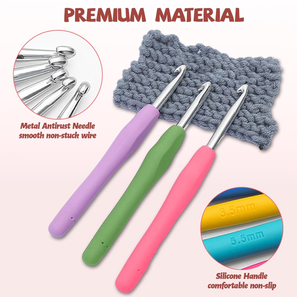 Set Uncinetti 59 Pezzi, 14 PCS Uncinetto 2.0mm-10.0mm Crochet Kit Ergonomico per Principianti