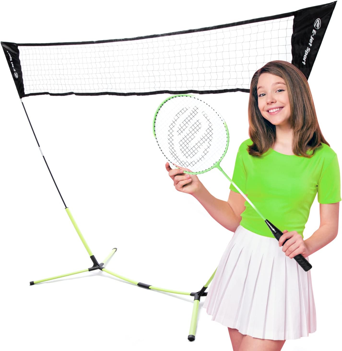 E-Jet Badminton Net, Portable & Instant Setup (Tool Free Assembly) - Backyard Fun, Beach Park Picnic Outdoor Games, Green, 5.1 x 7.8Ft, (EOB72640)