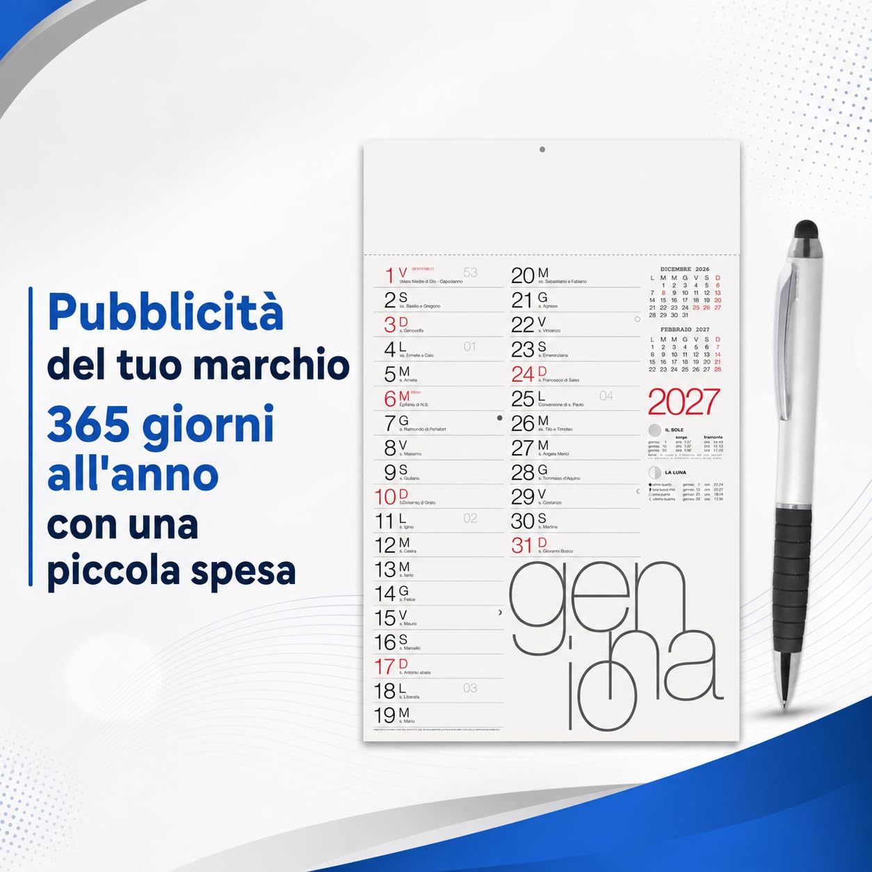100 Calendari Personalizzati 2027 + 100 Penne Touch Personalizzate Gadget Pubblicitari di Fine Anno come Omaggio per i Clienti Promozionali Regali Aziendali. Cod. Master