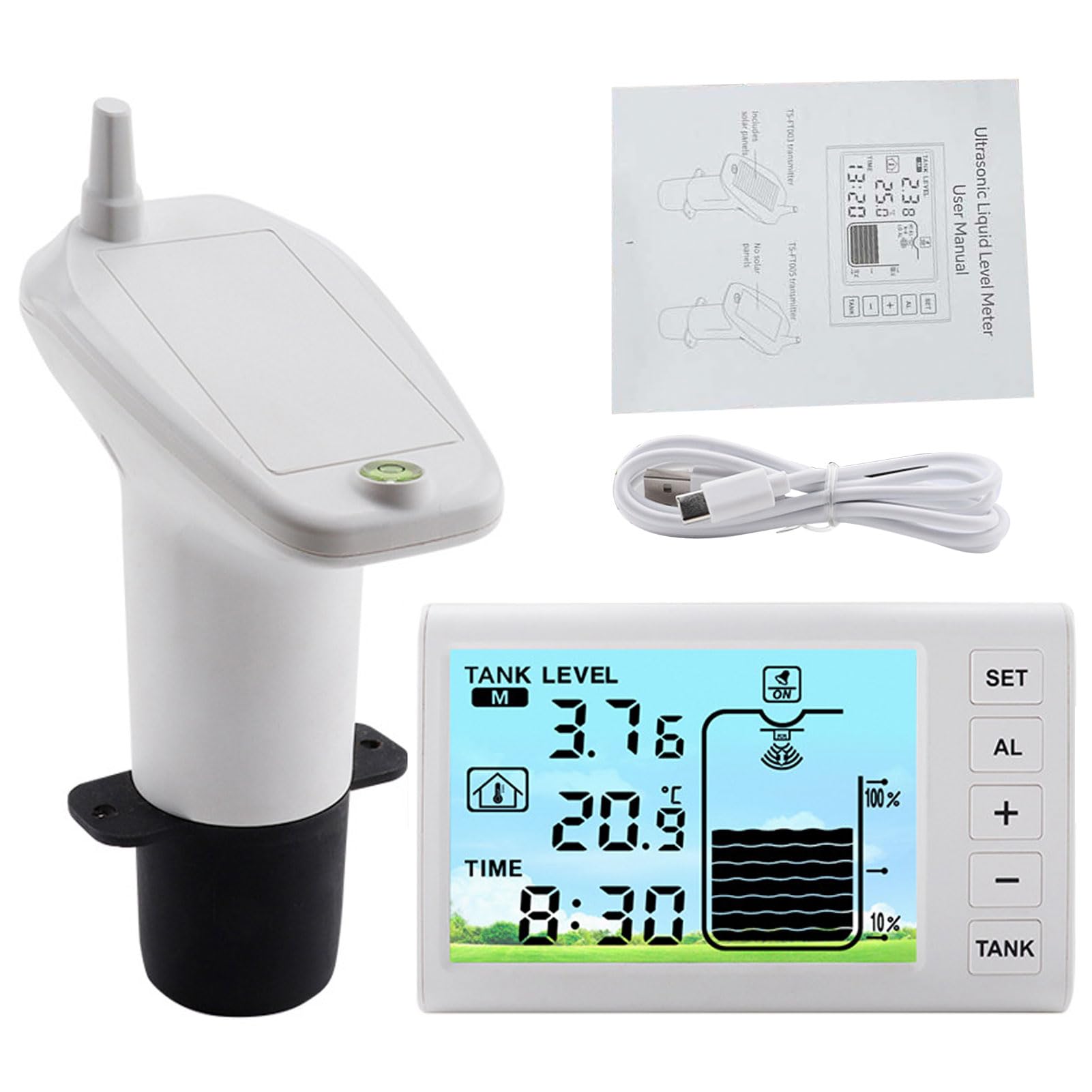 Ultraschall-Füllstandssensor, Kabelloser Wassertank-Tiefenmesser mit LCD-Anzeige und Temperatur-/Zeitanzeige für die Wasserversorgung Im Innen- und Außenbereich