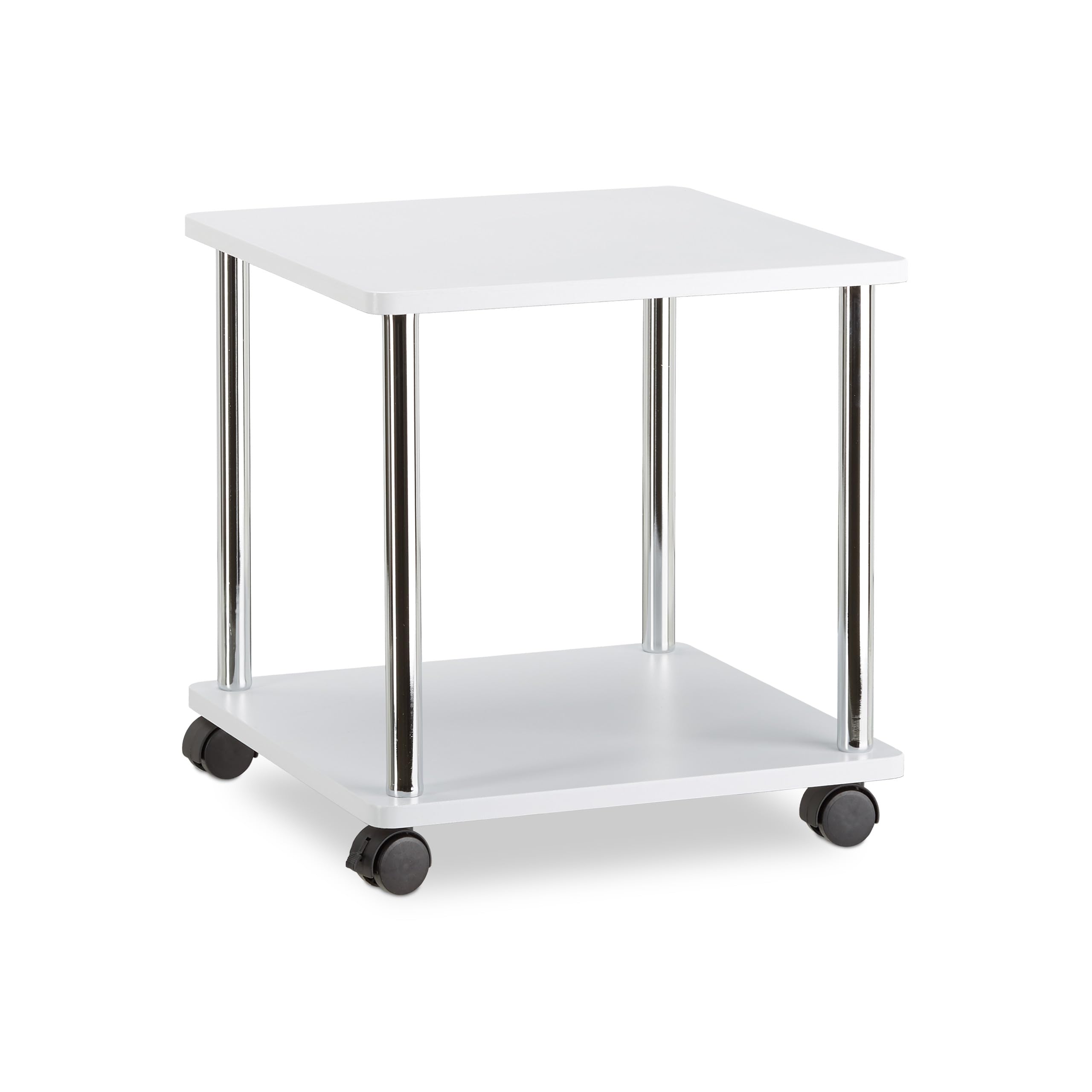 Relaxdays Mesa Auxiliar Pequeña con Ruedas, Madera-Acero Inoxidable, Blanco, 41.5 x 40 x 40 cm
