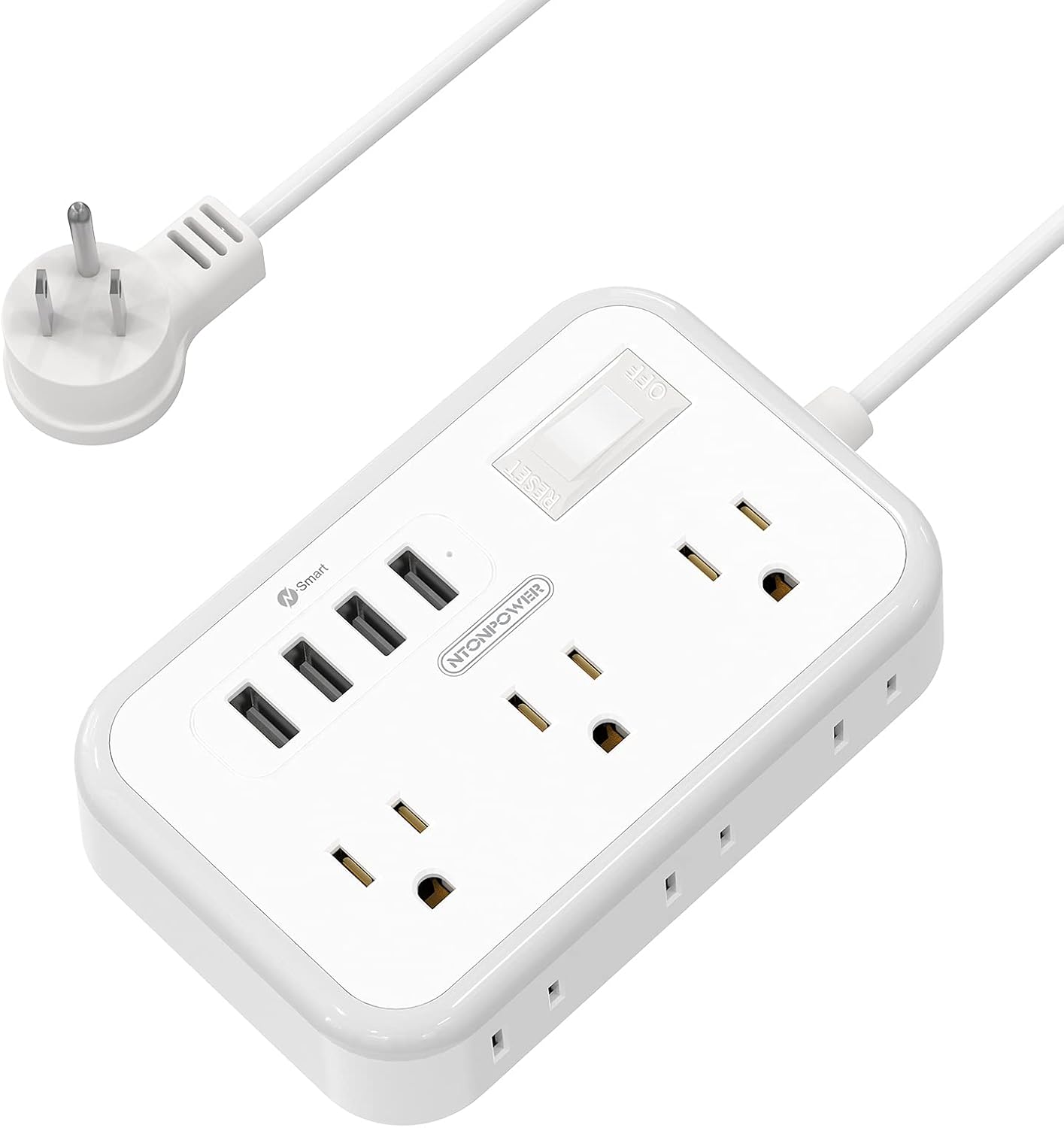 6 Outlets Power Strip with 4 USB Ports, NTONPOWER Flat Plug Extension Cord 5 Ft, Overload Protection, Wall Mount, Compact Portable Desk Charging Station for Travel, Home Office, Dorm, Nightstand,White