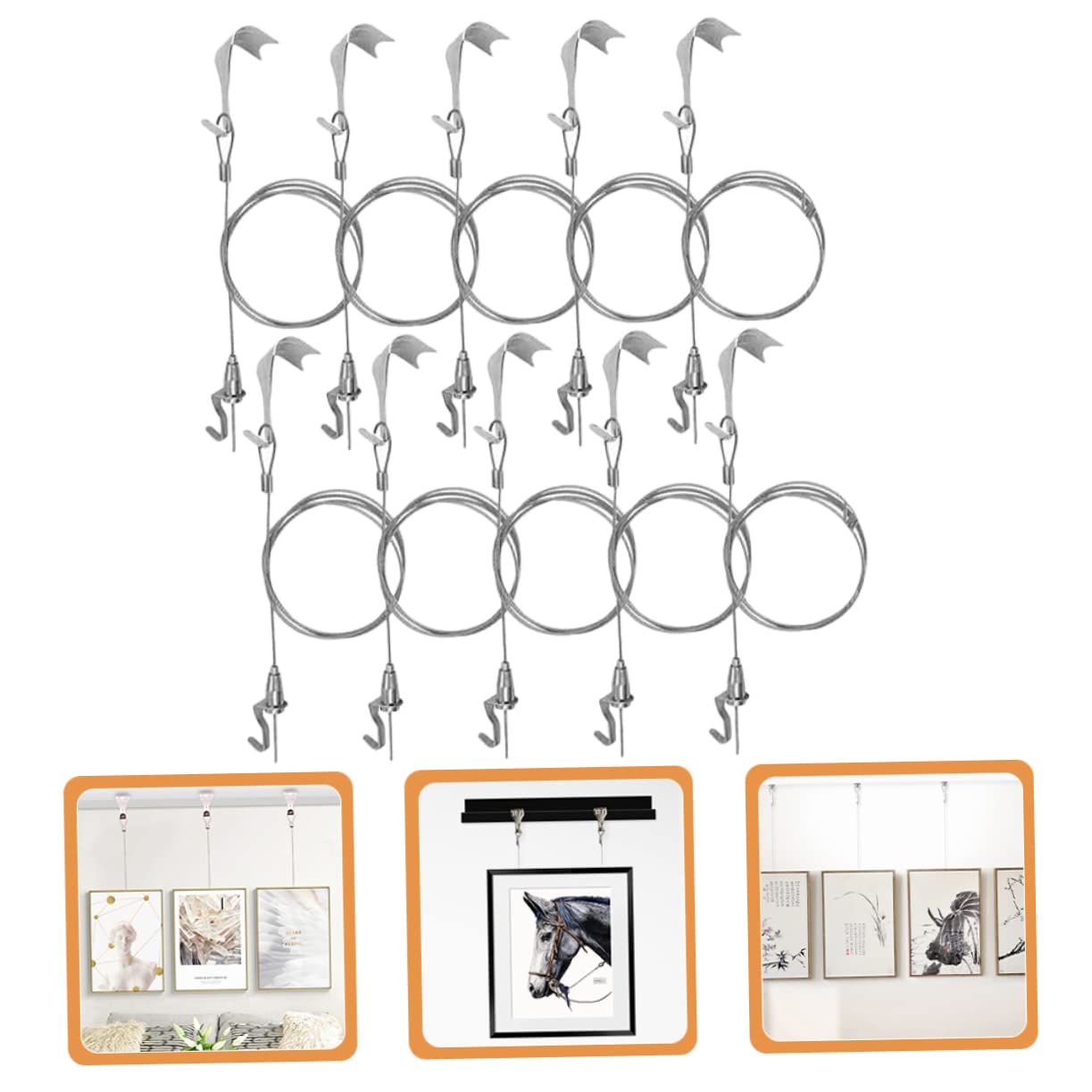 Kit Suspendre Facile à Installer pour Tableaux Crochets Réglables Fil de Cadre Photo Argenté en Acier Inoxydable 10 Sets pour Galeries Publiques et Maison