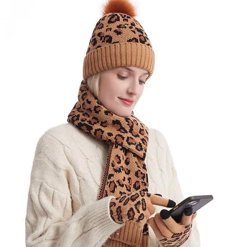 3 PCS Leopard Print Hat Scarf Glove Set Cheetah Print Knitted Beanie Touch Screen Gloves Winter Warm Gift Set3